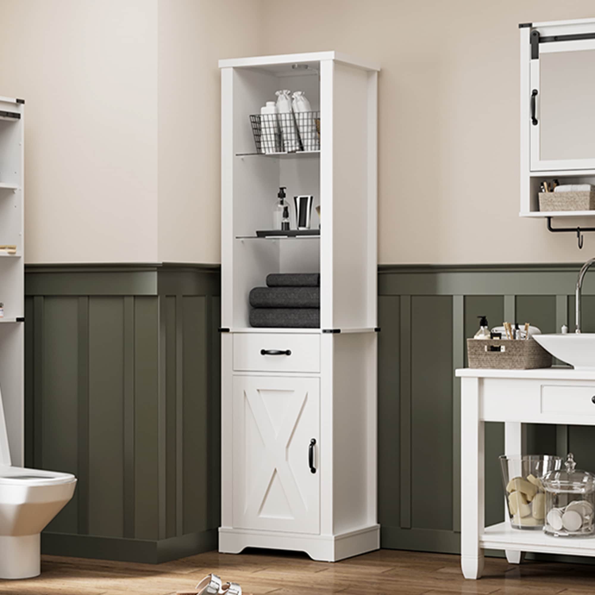 75'' Tall Storage Cabinet with LED Light, Farmhouse Pantry Cabinet with Tempered Glass Adjustable Shelves & Barn Door, Freestanding Linen Tower for Ba