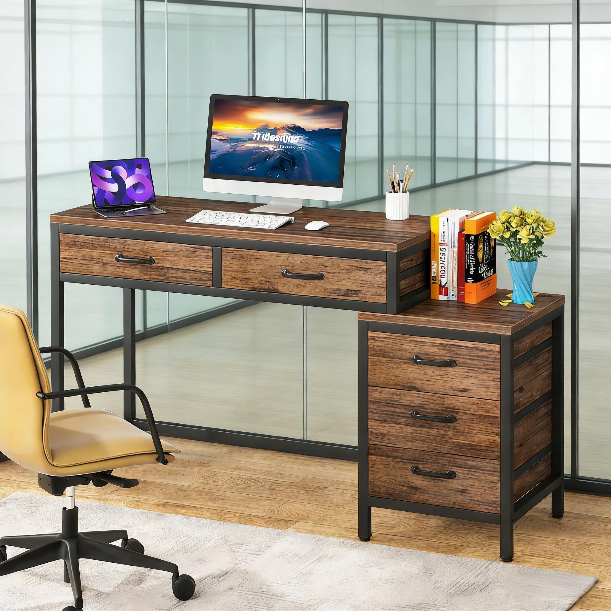 Computer Desk, Study Writing Table with Reversible Drawer Cabinet