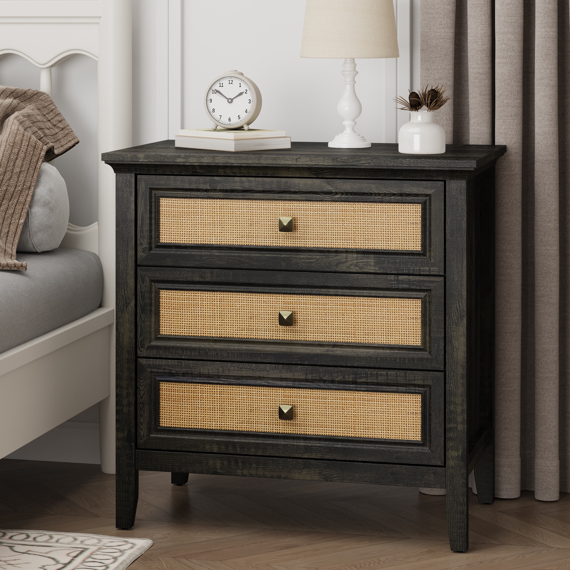 3 Drawer Dresser Rattan Dresser Wood Chest of Drawers Farmhouse Closet Dressers Modern Bedside Table Rustic Nightstand Storage Cabinet for Bedroom, Ha