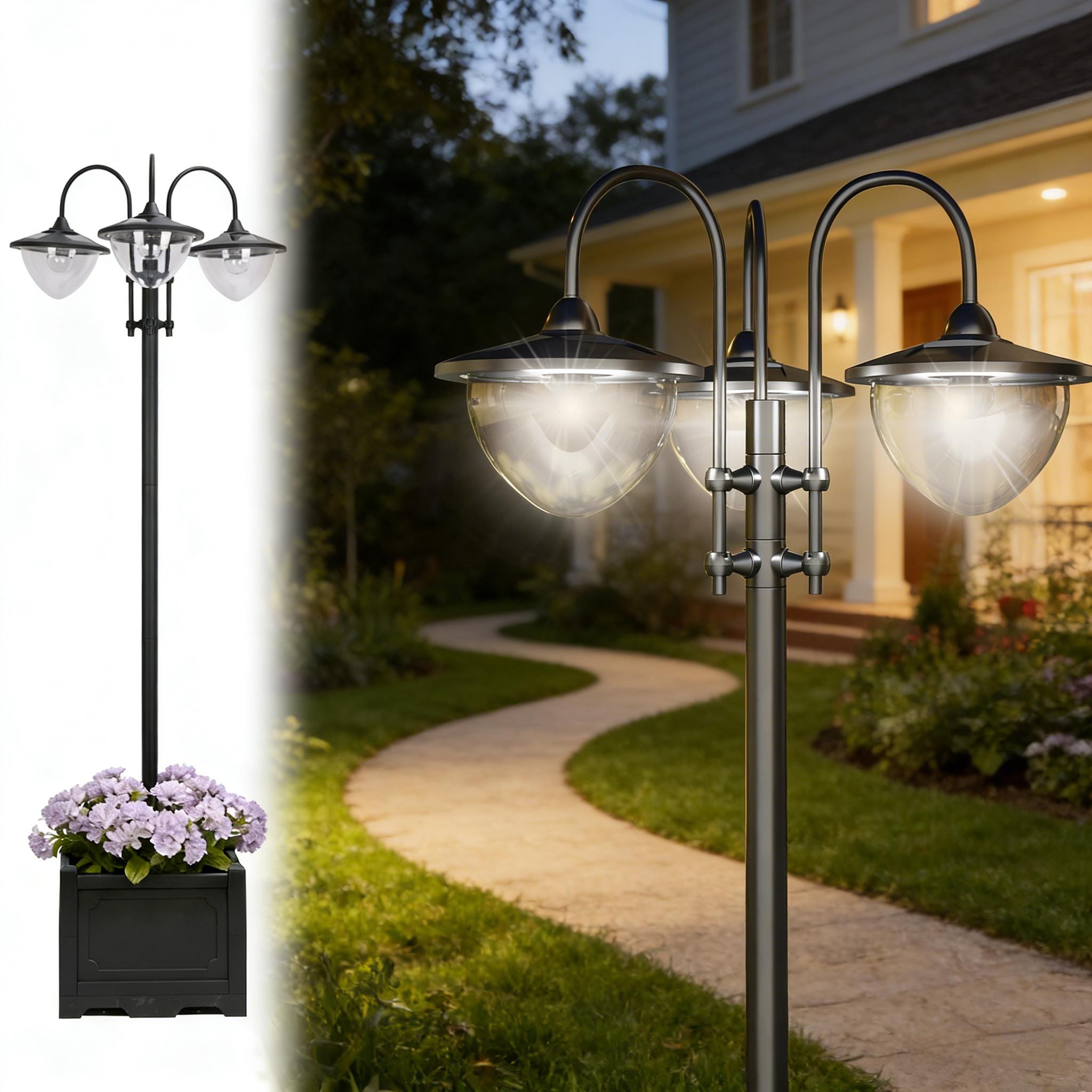 Solar Pole Lights Outdoor 3-head Solar Lamp Post Light Waterproof LED Lighting