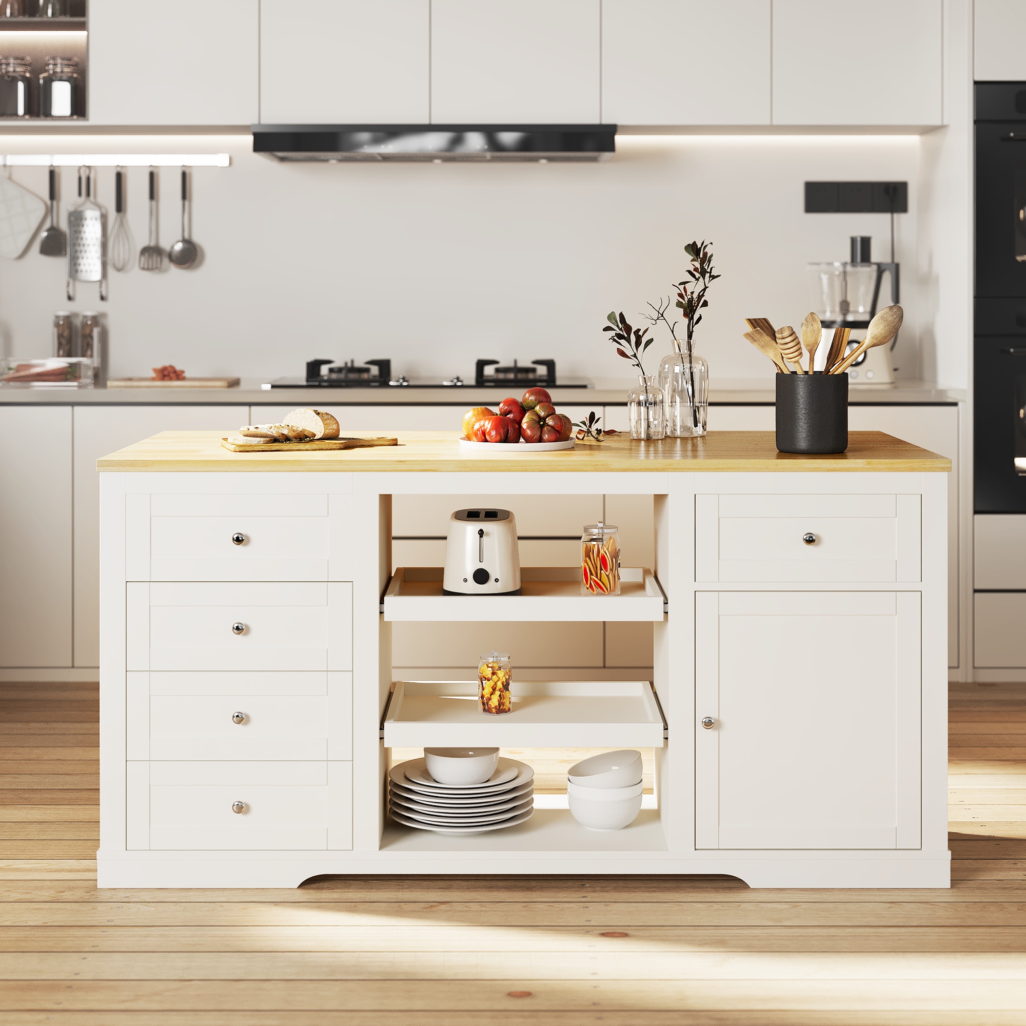 Kitchen Island with Storage and Drop Leaf, Island Table for Kitchen, Coffee Station Cabinet with Rubber Wood Top, Pull-Out Trays, Drawers, Adjustable 