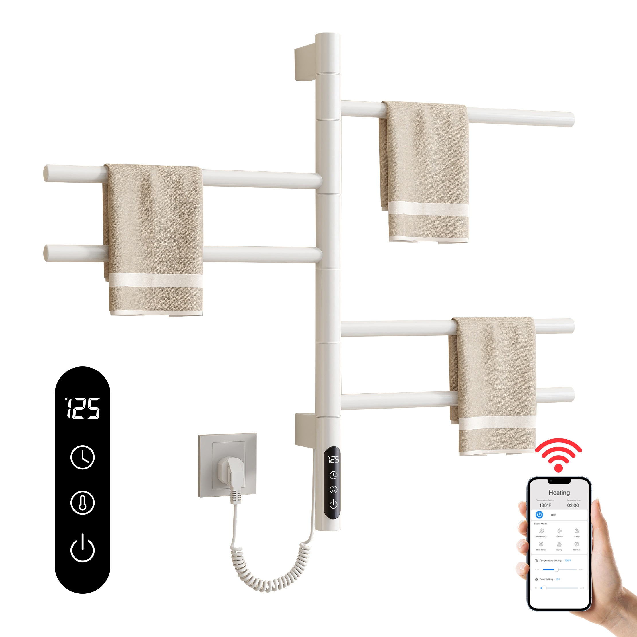 SIOYIE Smart Rotating Heated Towel Rack for Bathroom, Wall-Mounted Electric Towel Dryer with Swivel Bars, Smart Timer, Low Carbon Steel, IPX5, Plug-in