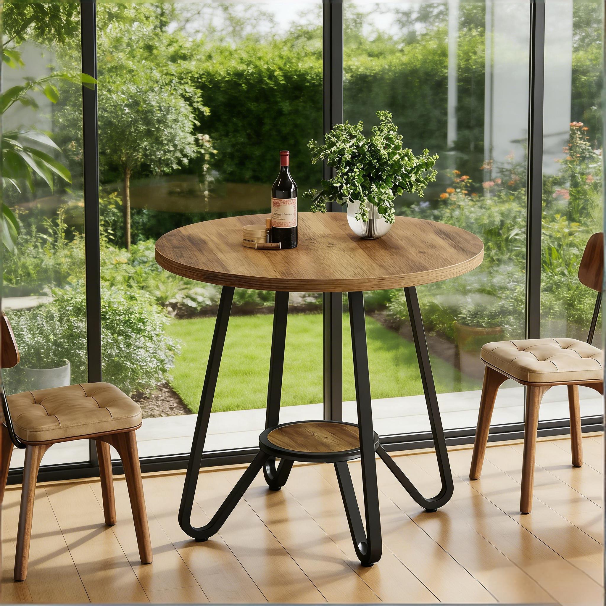 Round Dining Table, Small Kitchen Table with Open Shelves for 2