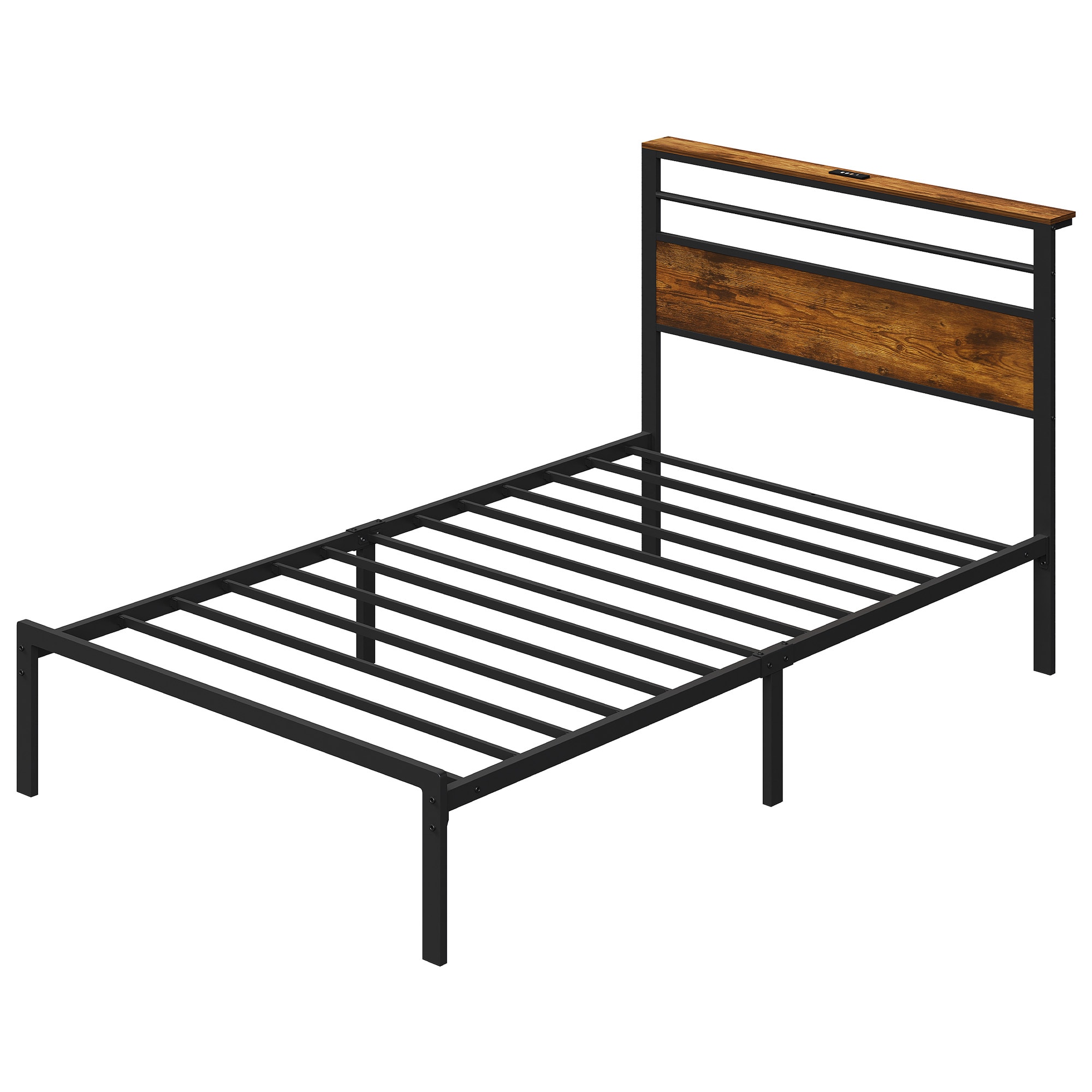 Twin Bed Frame with Storage, Metal Platform Bed with Vintage Wood Headboard, Heavy Duty Strong Support Slats, No Box Spring Needed