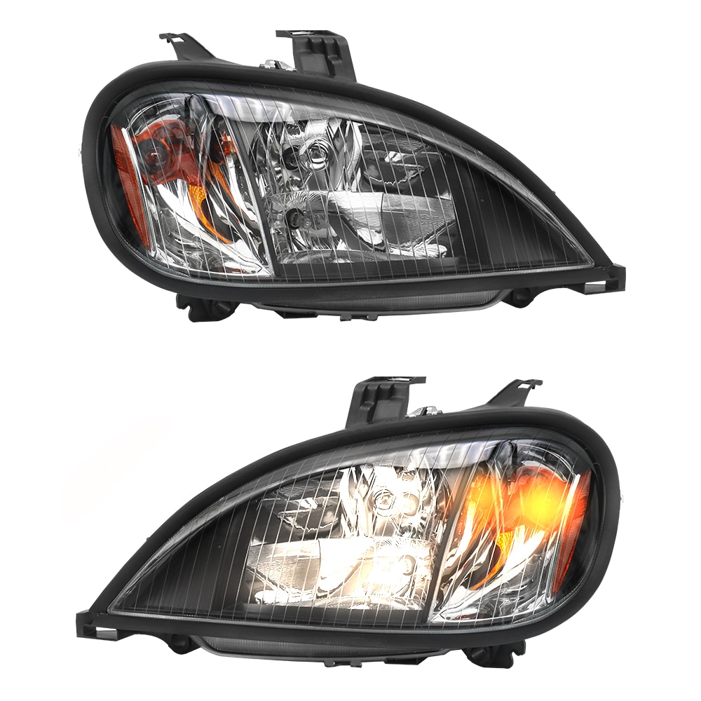 Headlights Assembly Fit For 2004-2017 Freightliner Columbia, Black Housing And Amber Reflector Headlamps, Left and Right Pair Set, Including Halogen b