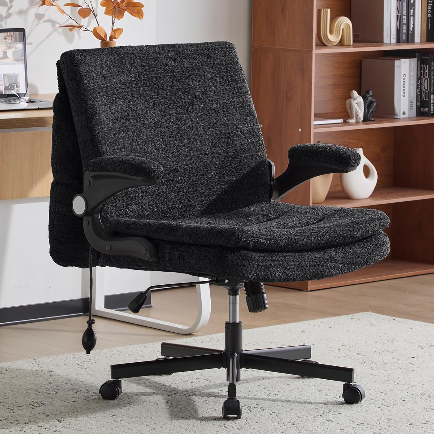 Criss Cross Legged Office Chair with Flip-Up Back Built-In Dynamic Airbag Lumbar Support, Wide Seat Desk Chair with Flip-Up Arms and Wheels, Modern Cr