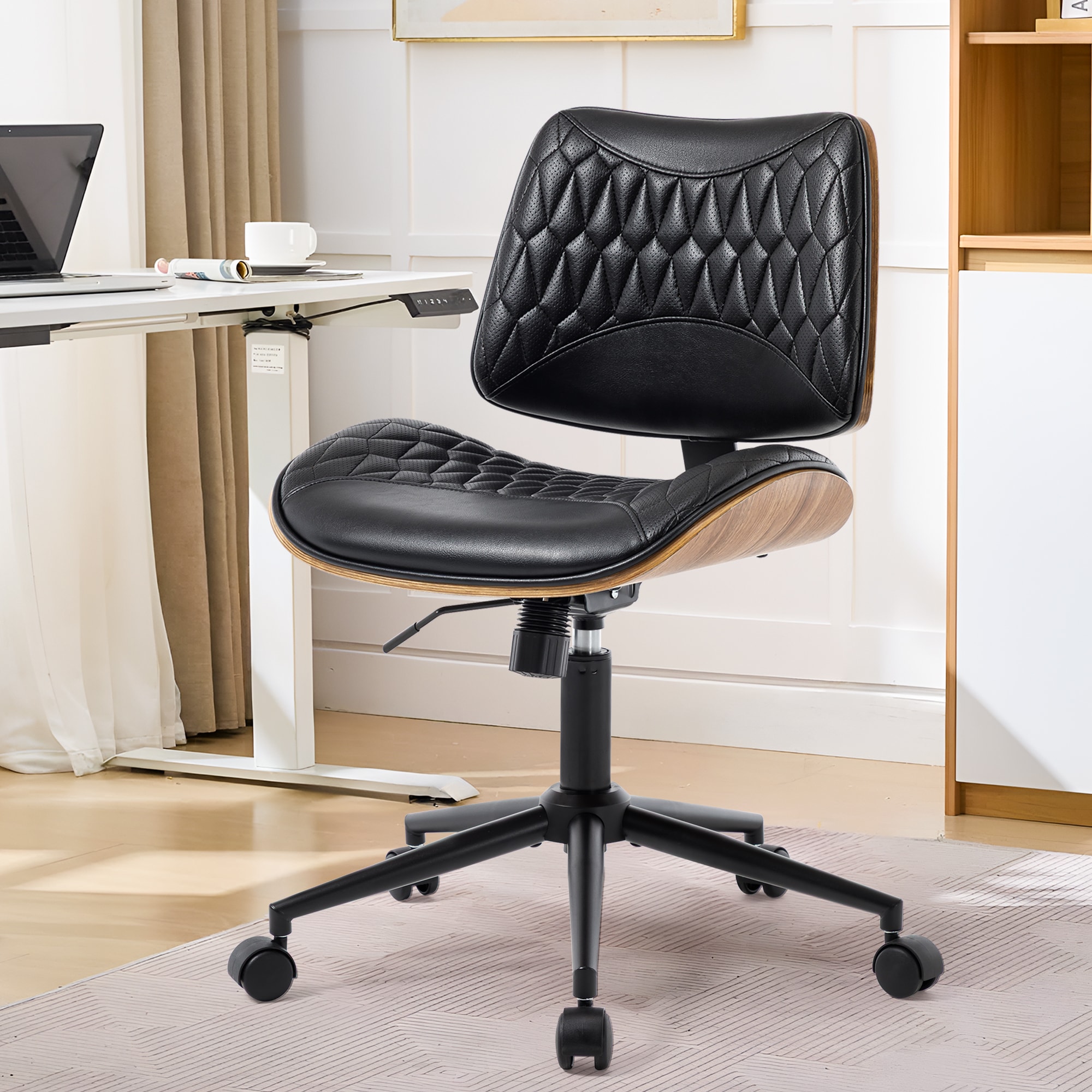 Armless Office Chair with Wheels, Adjustable Height Mid Back Small Desk Chair, Modern Walnut Bentwood Back, PU Leather Swivel Rolling Computer Task Ch