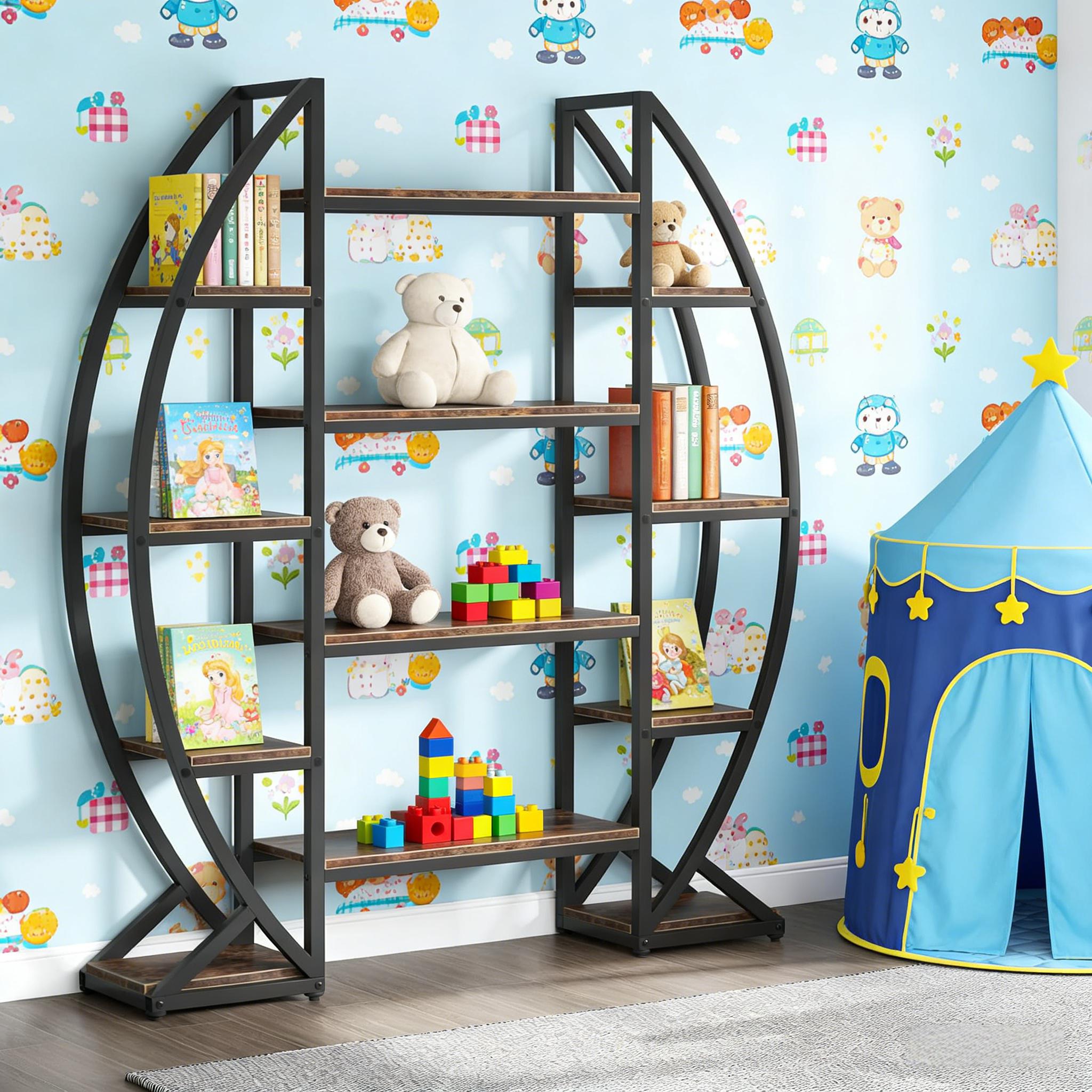 Industrial Bookshelf, Oval Triple Wide Etagere Bookcases Display Shelves