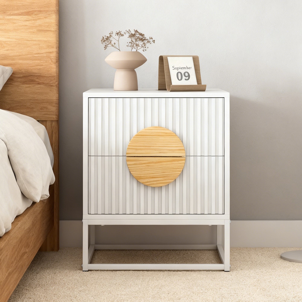 Modern Mid Century Fluted Nightstand with 2 Drawers and Pine Wood Handles for Bedroom
