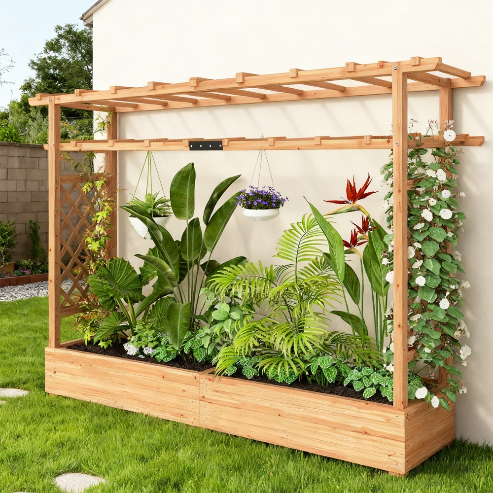 Wooden Planter Box with Trellis, Hanging Roof and Drainage Holes for Climbing Plants, Vegetables, Herbs and Flowers