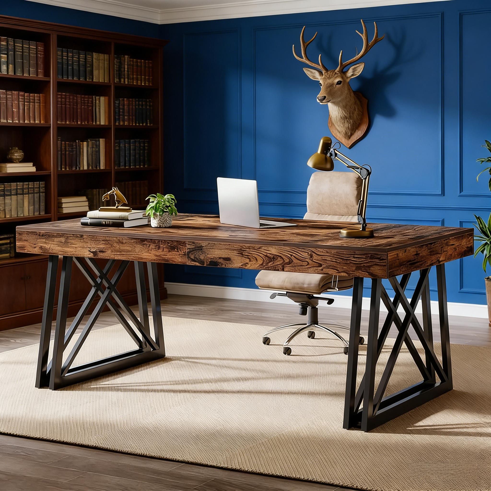 Executive Desk, Farmhouse Office Computer Desk with X-Shaped Legs