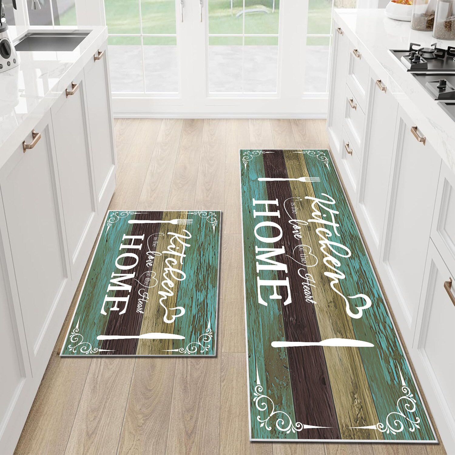 Boho Kitchen Rug Sets 2 Pieces, Washable Kitchen Mats for Floor, Non Slip Soft Kitchen Area Rug Floor Mat for Kitchen, Laundry Room and Hallway (Teal,