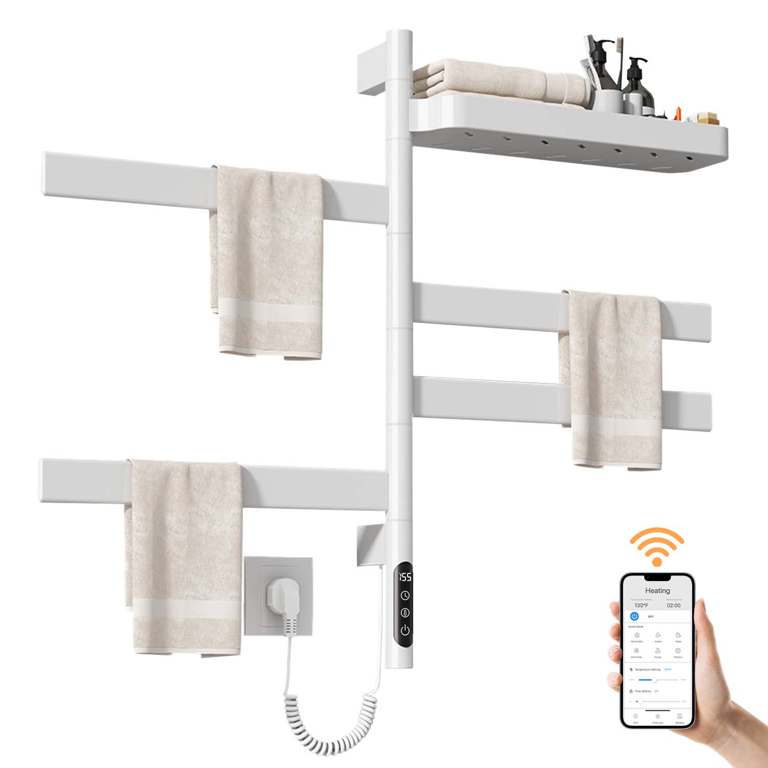 SIOYIE Smart Rotating Heated Towel Rack for Bathroom, Wall-Mounted Electric Towel Dryer with Swivel Bars & Shelf, Smart Timer, Low Carbon Steel, Plug-