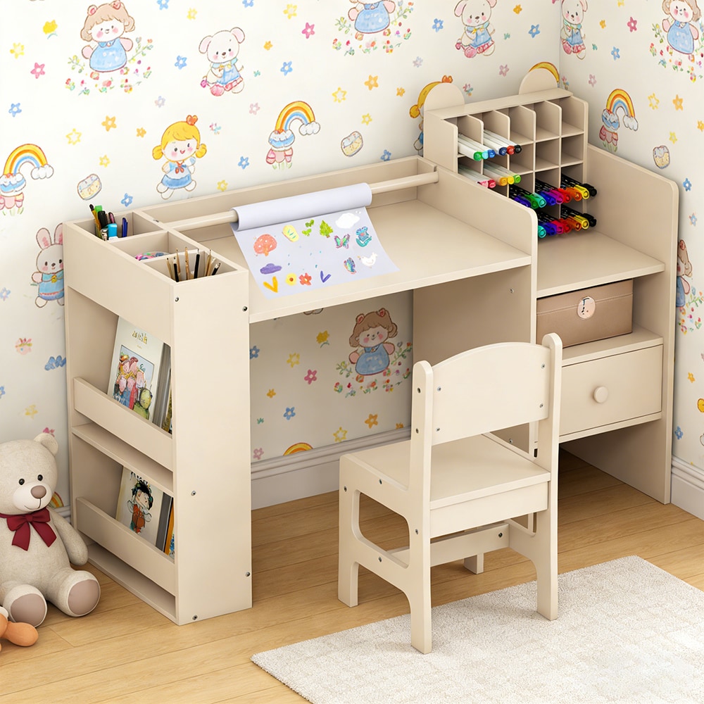 Kids Art Table and Chair Set with Detachable Paper Roll Holder and Cabinet