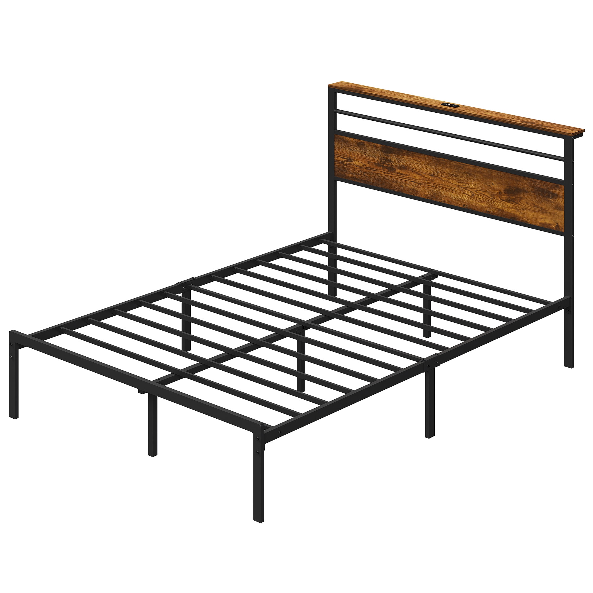 Queen Size Bed Frame with Vintage Headboard, Charging Station, Storage Shelves, Black and Wood, Quiet Design