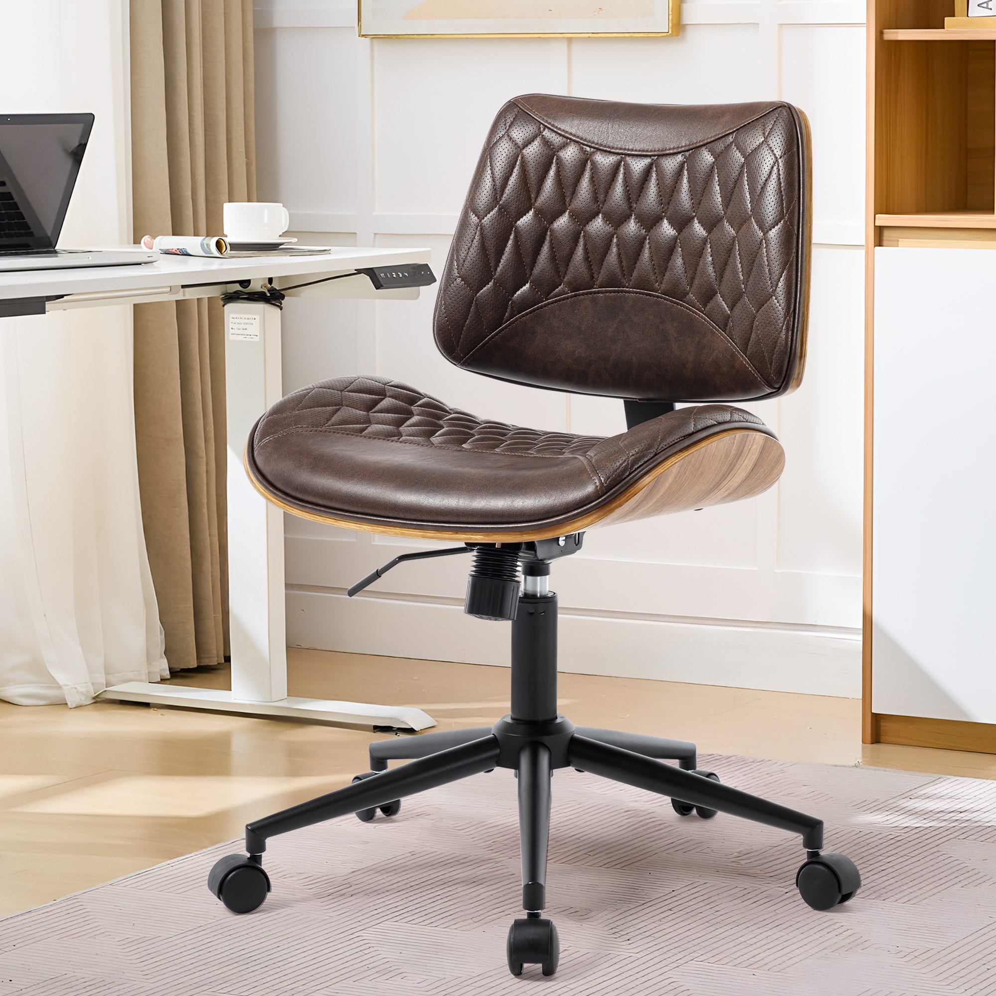 Armless Office Chair with Wheels, Adjustable Height Mid Back Small Desk Chair, Modern Walnut Bentwood Back, PU Leather Swivel Rolling Computer Task Chair for Home Office, Meeting Room, Study, Set of 1