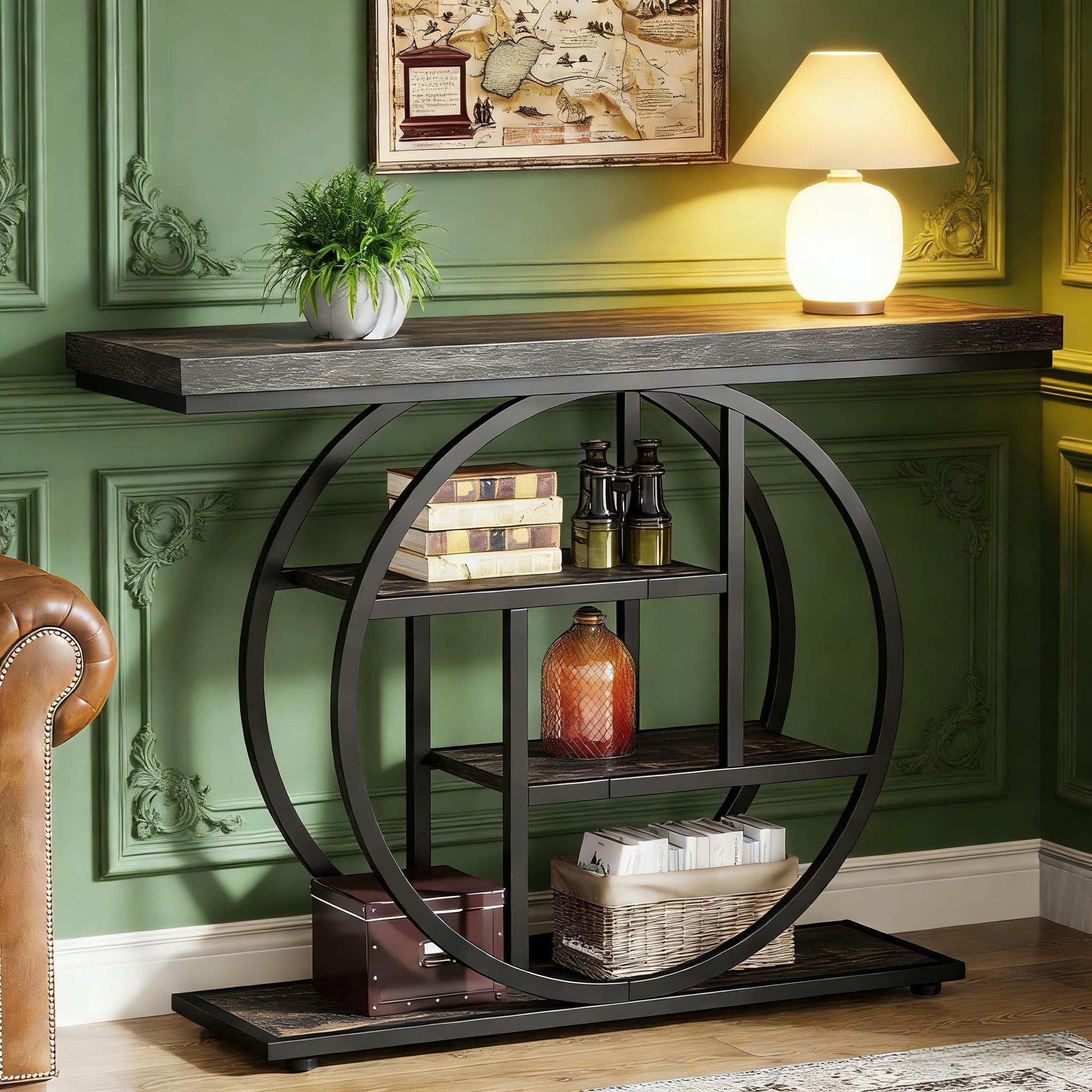 Console Table, Industrial 4-Tier Sofa Entryway Table with Circle Base