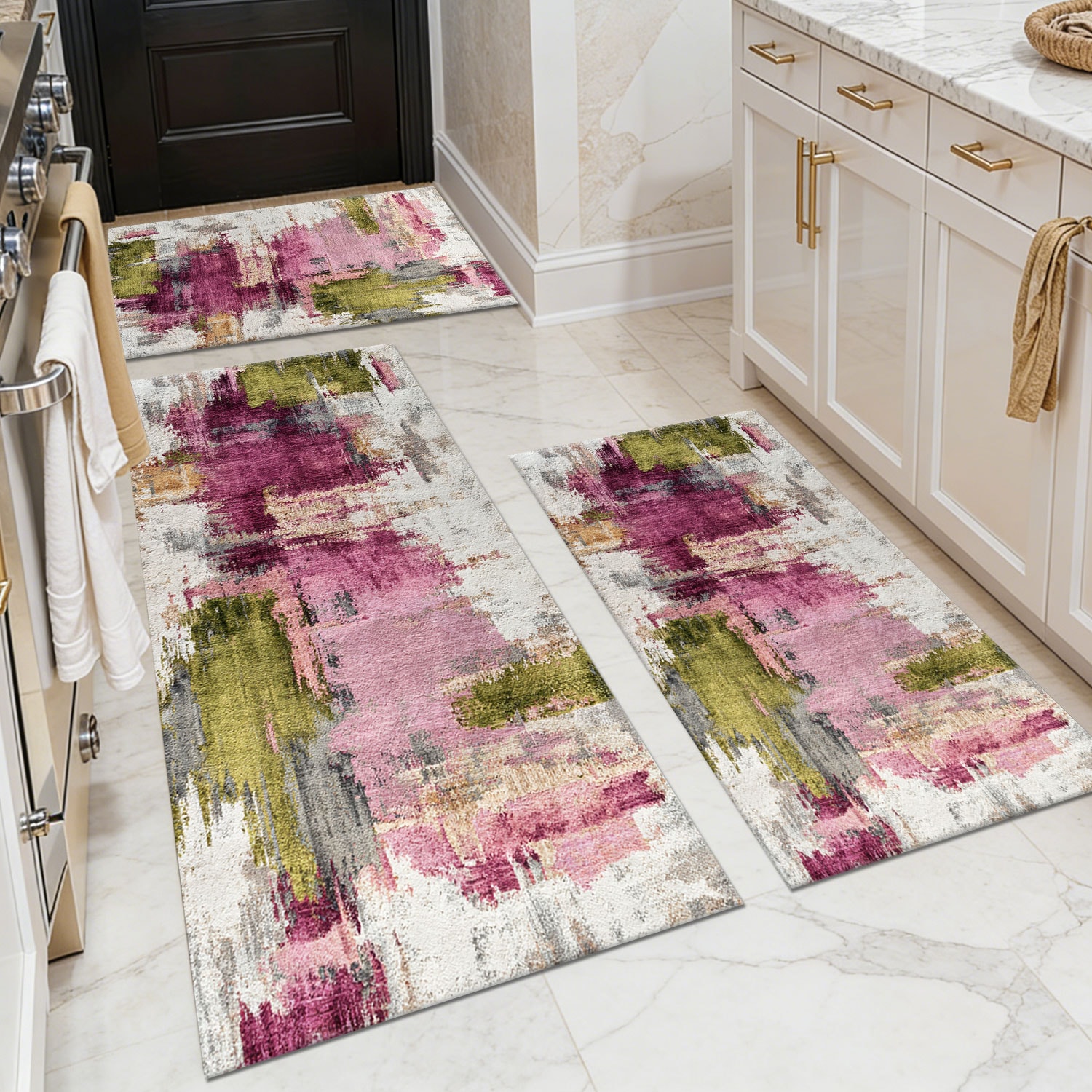 Three-piece kitchen rug set, non-slip and washable, abstract pattern kitchen hallway rug, soft and comfortable, suitable for sinks, floors, entrances,