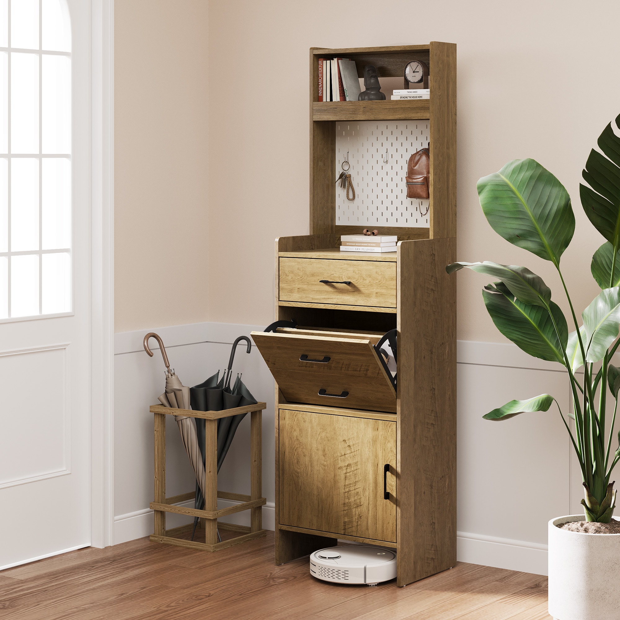 5-in-1 Shoe Cabinet with Flip Drawer, Entryway Shoe Storage with Pegboard, Adjustable Shelf, Wood Entryway Cabinet, Brown