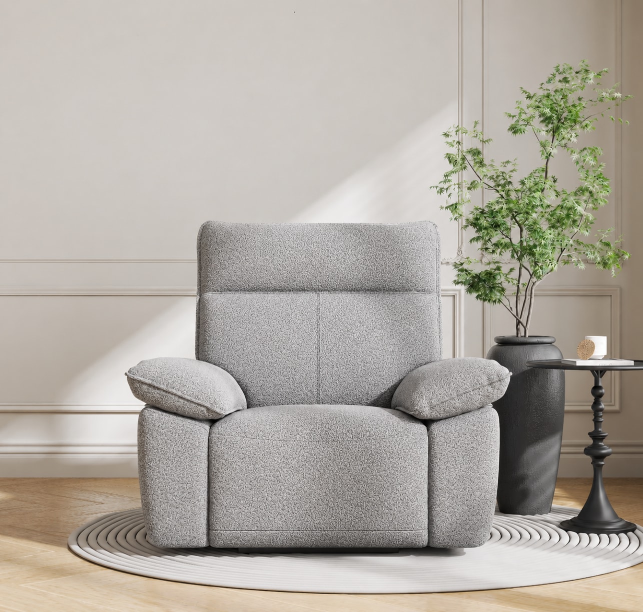 Power Recliner Chair, Modern Teddy Fabric Electric Reclining Sofa, Light Gray Boucle Glider Rocker Armchair with Padded Headrest & Lumbar Support for 