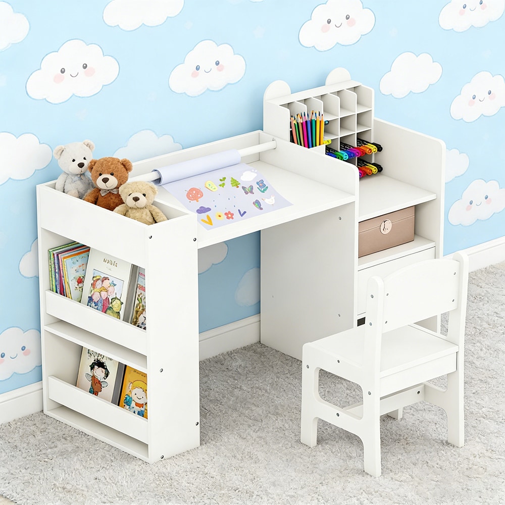 Kids Art Table and Chair Set with Detachable Paper Roll Holder and Cabinet