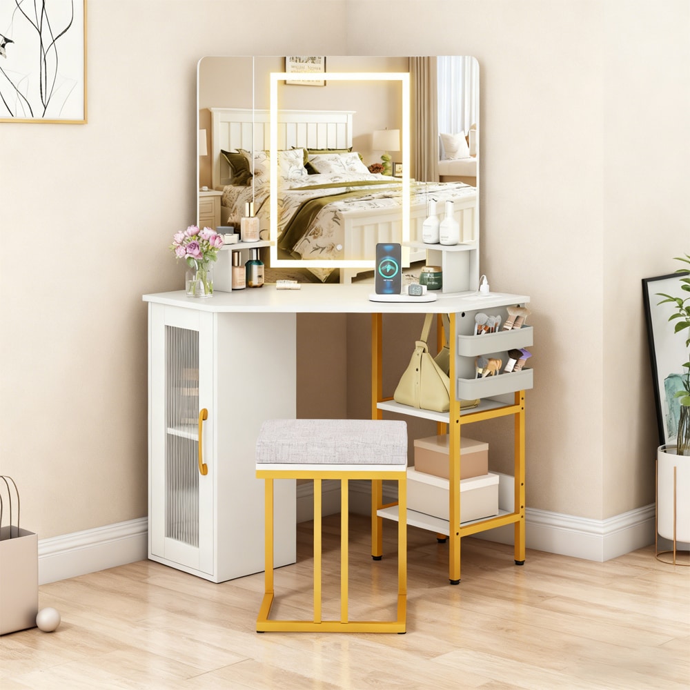 带镜子和灯光的角落化妆梳妆台，三面镜化妆桌