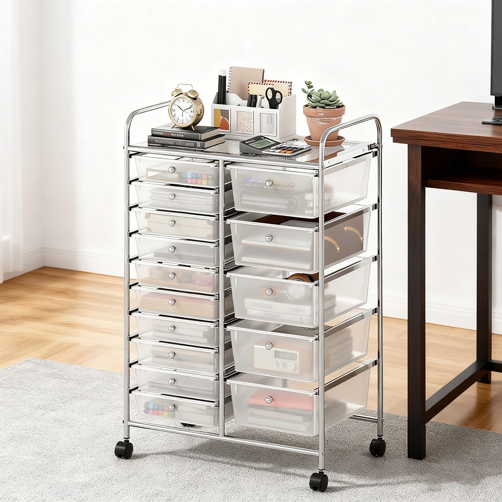 Rolling Storage Cart 15-Drawer Trolley with Chrome Plated Metal Frame