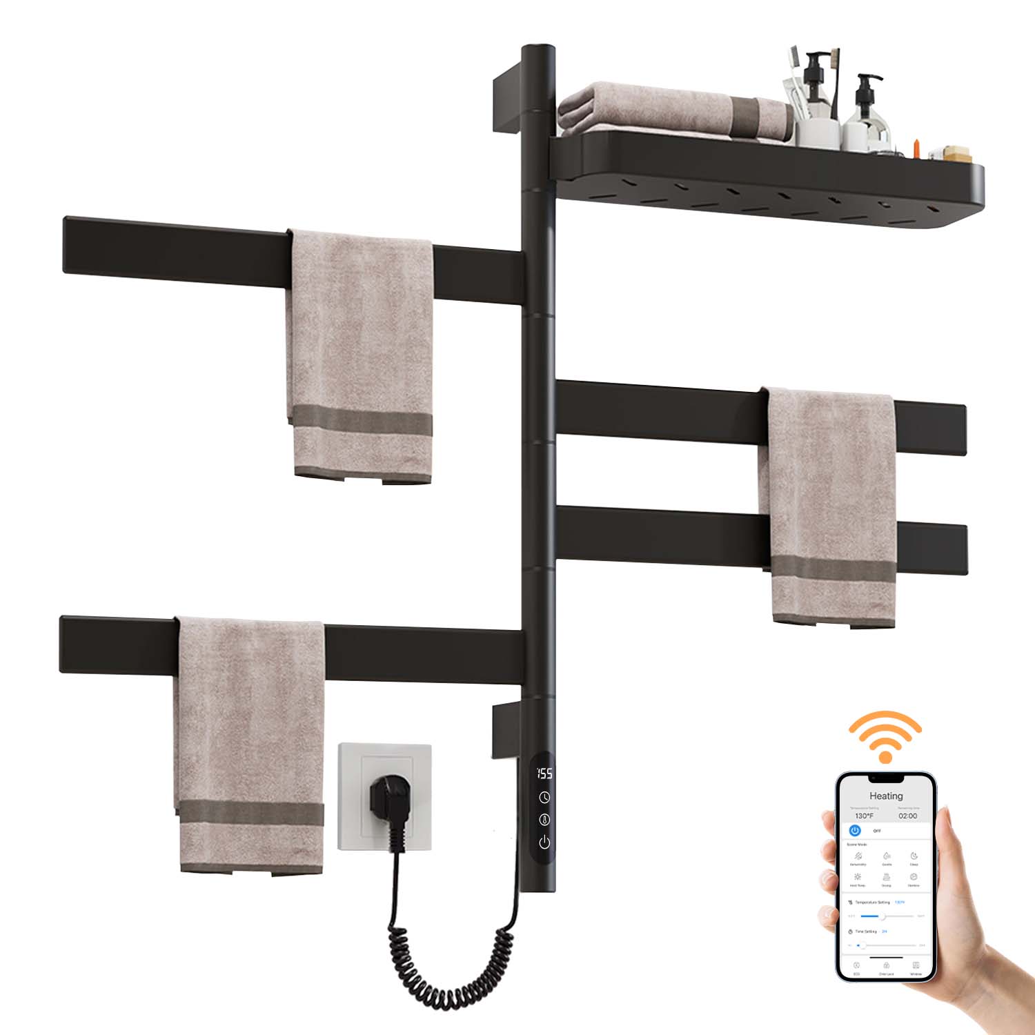 SIOYIE Smart Rotating Heated Towel Rack for Bathroom, Wall-Mounted Electric Towel Dryer with Swivel Bars & Shelf, Smart Timer, Low Carbon Steel, Plug-