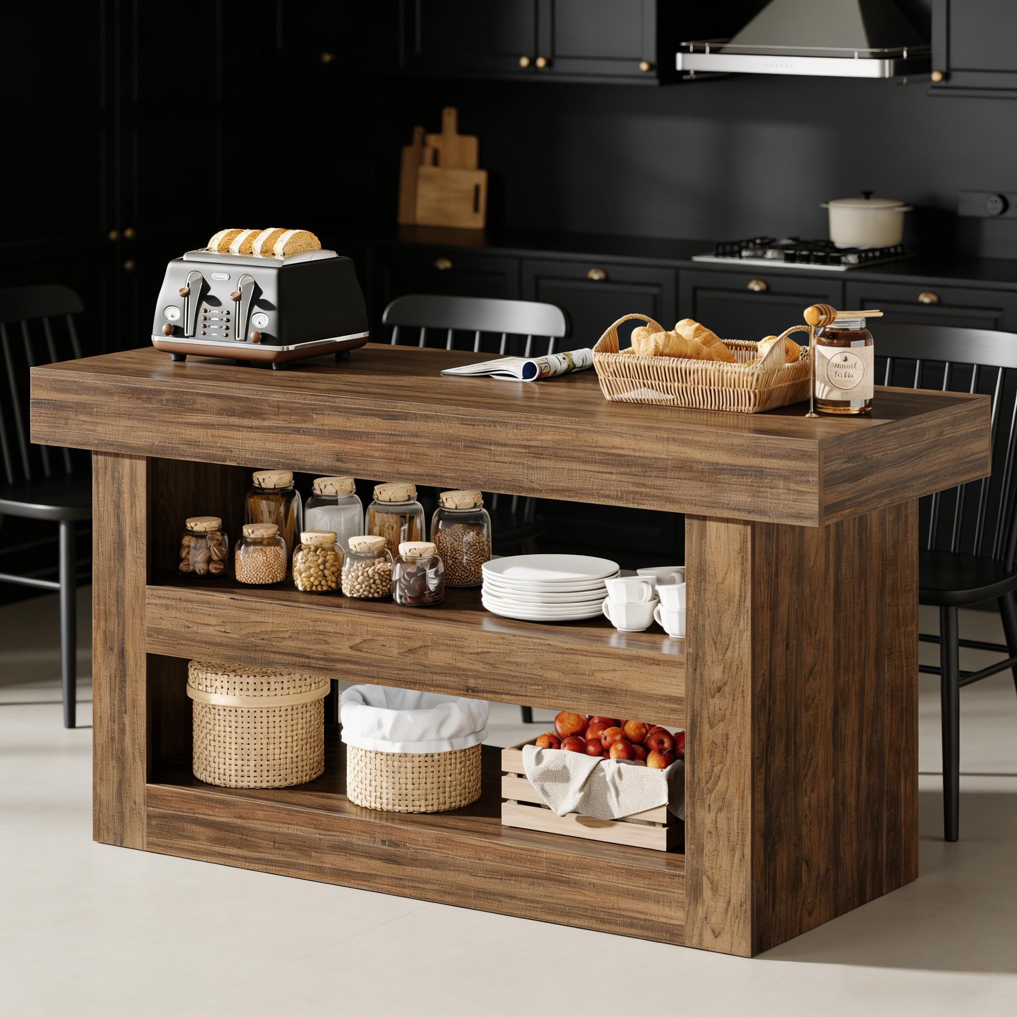Kitchen Island, Farmhouse 3-Tier Island Table with Large Countertop