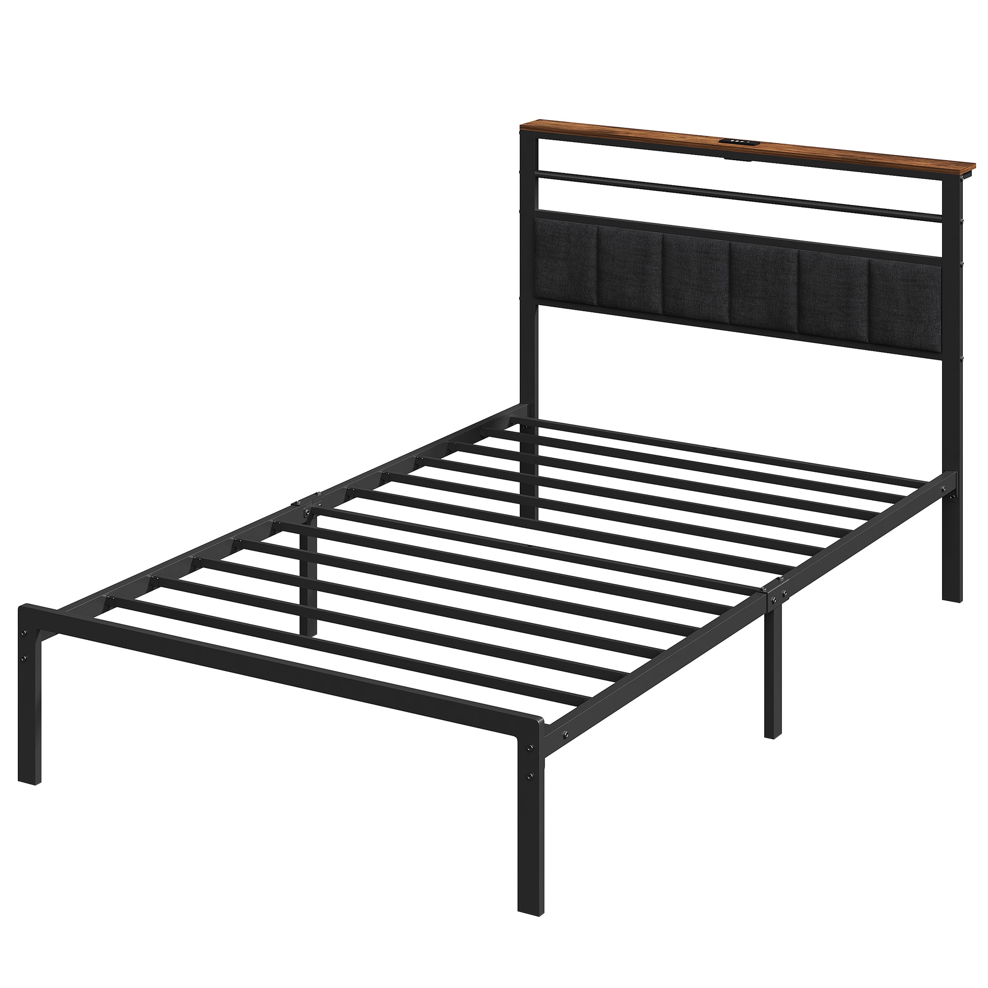 Twin Size Bed Frame with Headboard and Storage Shelf, Metal Bed, Upholstered Wooden Beds with Charging Station, Sturdy Frames for Bedroom Furniture, N