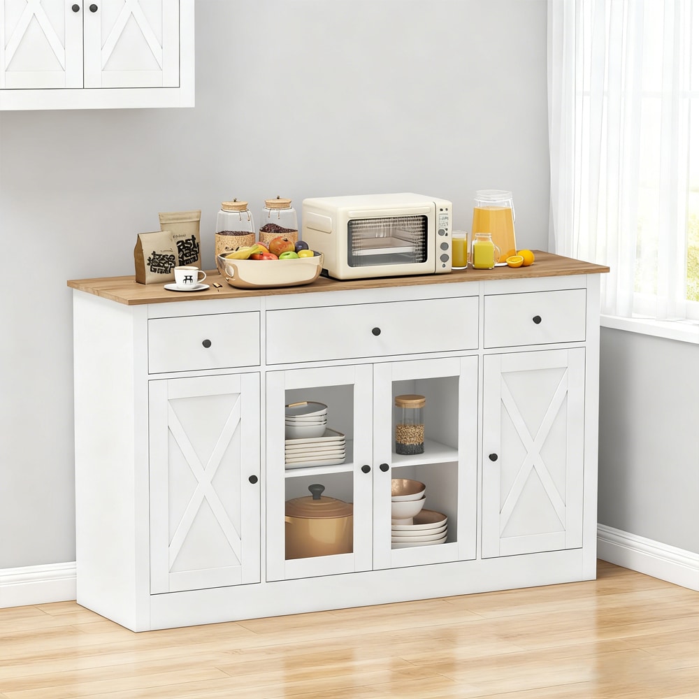 55 inch Large Buffet Sideboard Kitchen Storage Cabinet with 3 Drawers 2 See-through Doors Adjustable Shelves Wine Bar Table