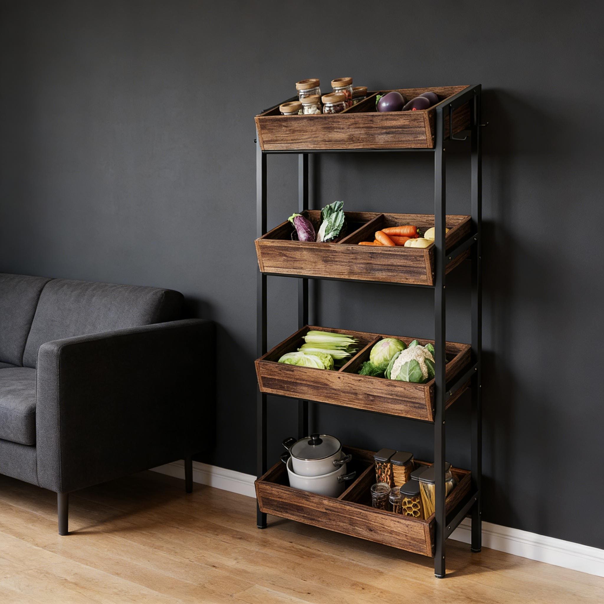 Wood Fruit Vegetable Storage Rack Stand, 4-Tier Storage Organizer