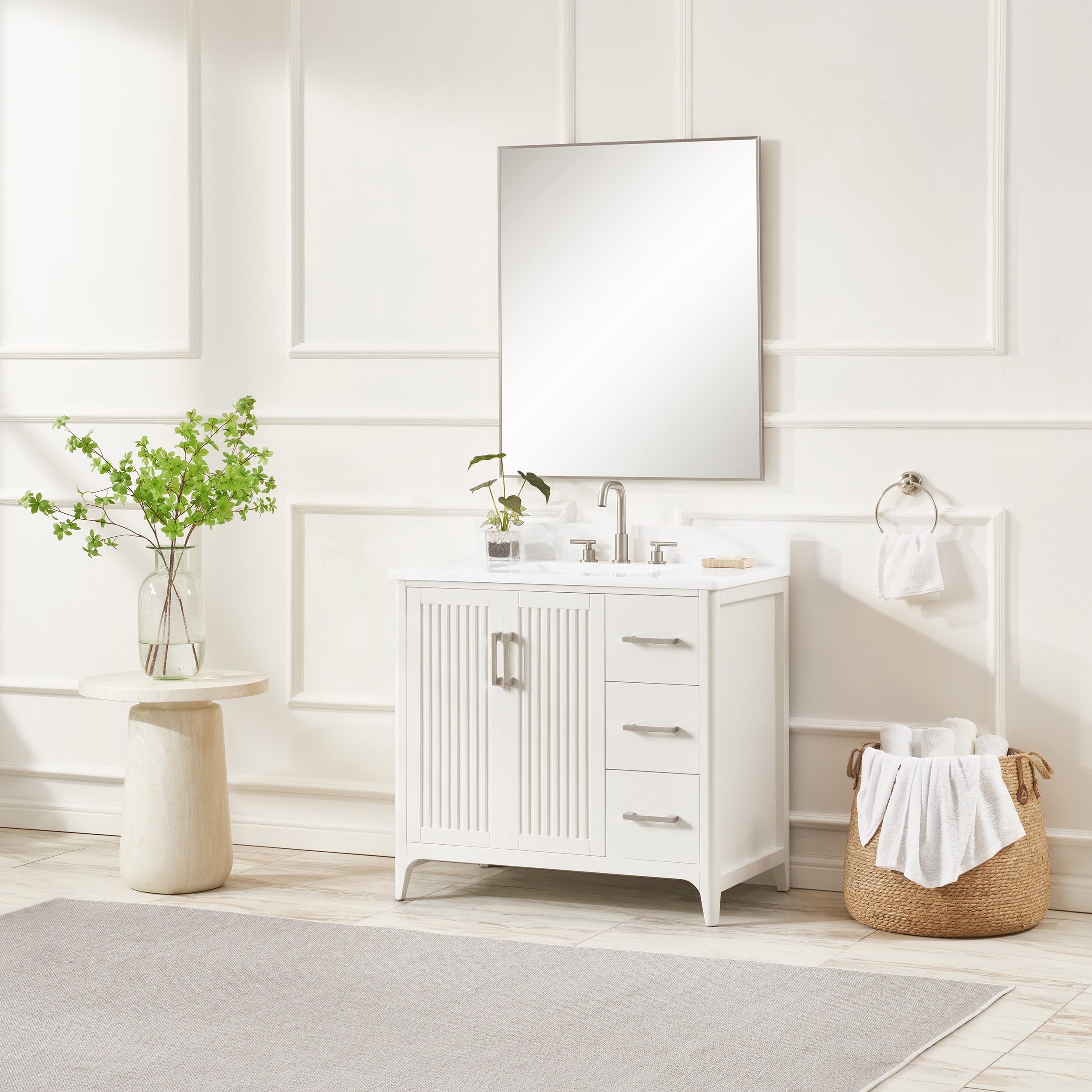 36 inch solid wood pre-assembled bathroom vanity with Power Supply--White