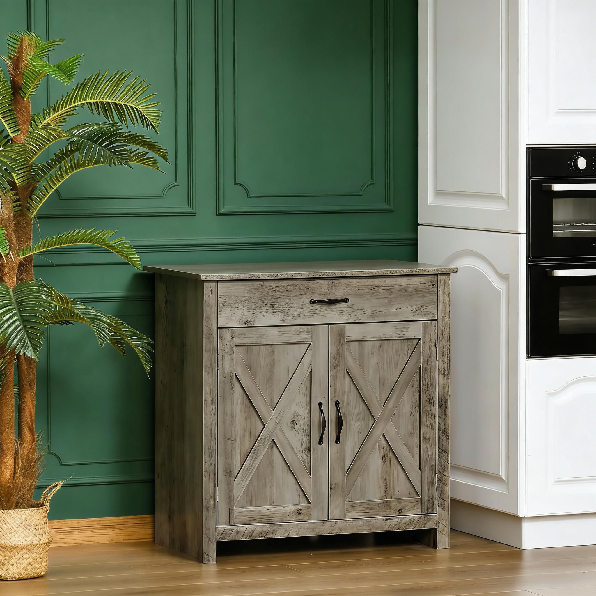 Sideboard Buffet Cabinet, Barn Door Coffee Bar Cabinet with Drawer and Adjustable Shelf