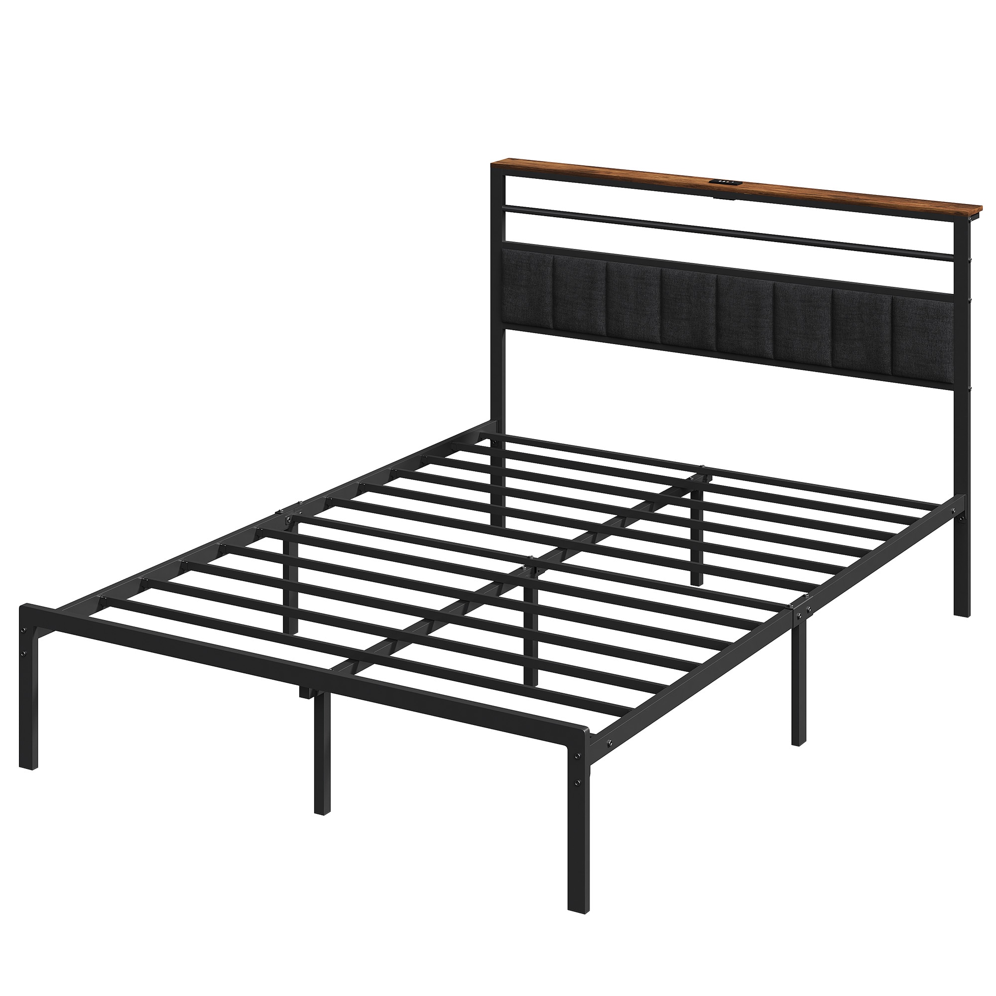 Queen Size Bed Frame with Charging Station, Platform Bed with Metal Slats, Upholstered Headboard with Storage Shelves, No Box Spring Needed, Black