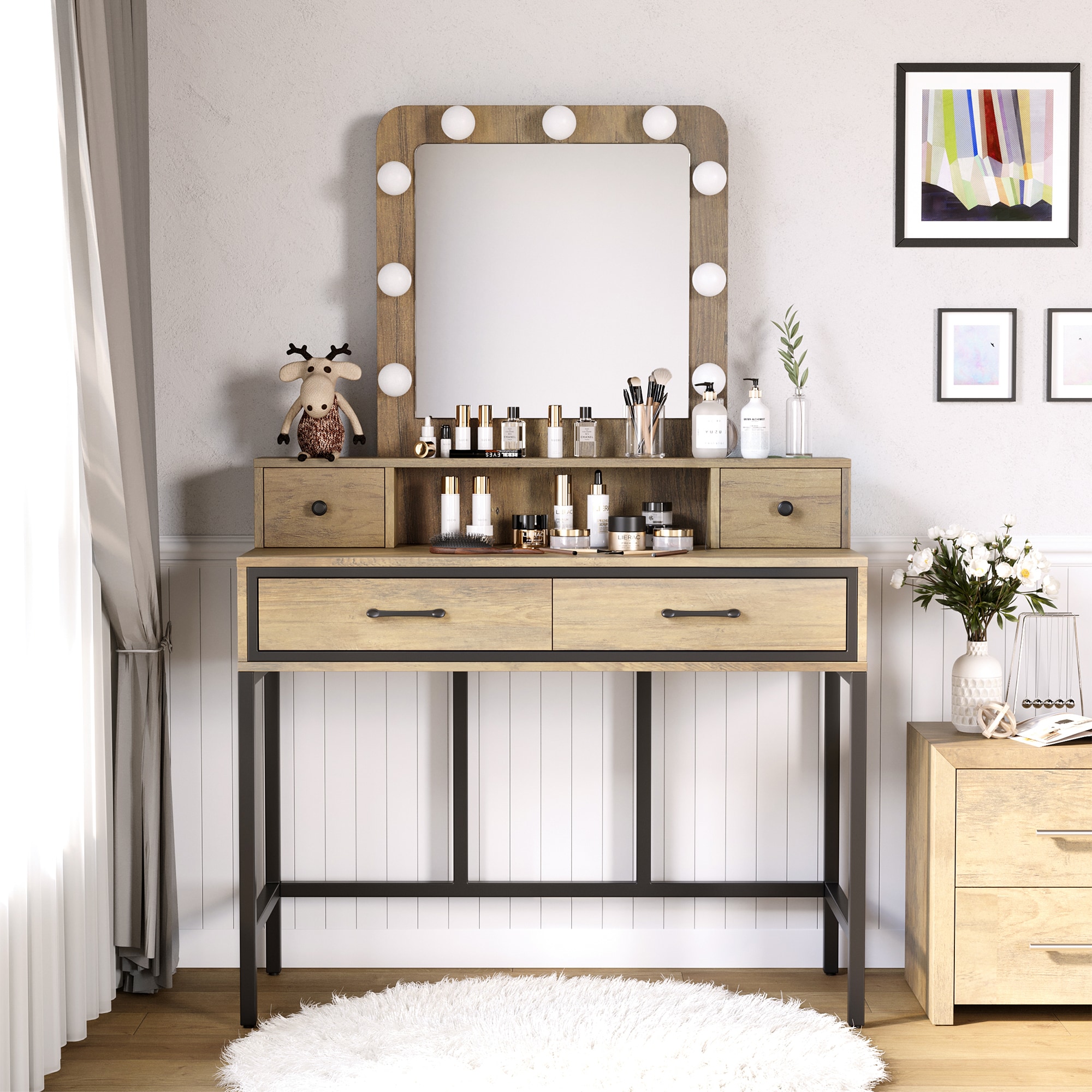 Vanity Desk with Mirror and Lights, Makeup Vanity with 3 Color Dimmable Lighted Hollywood Mirror, Brown Makeup Table with 4 Drawers, Large Dressing Ta