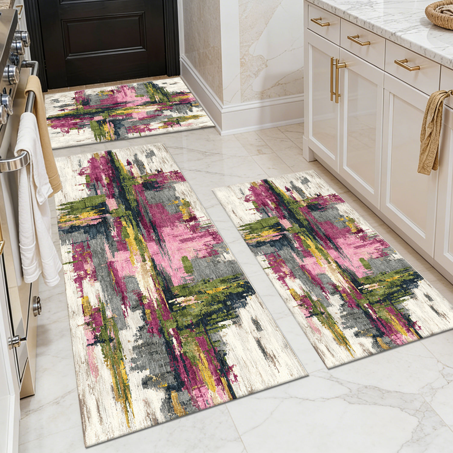 Three-piece kitchen rug set, non-slip and washable, abstract pattern kitchen hallway rug, soft and comfortable, suitable for sinks, floors, entrances,