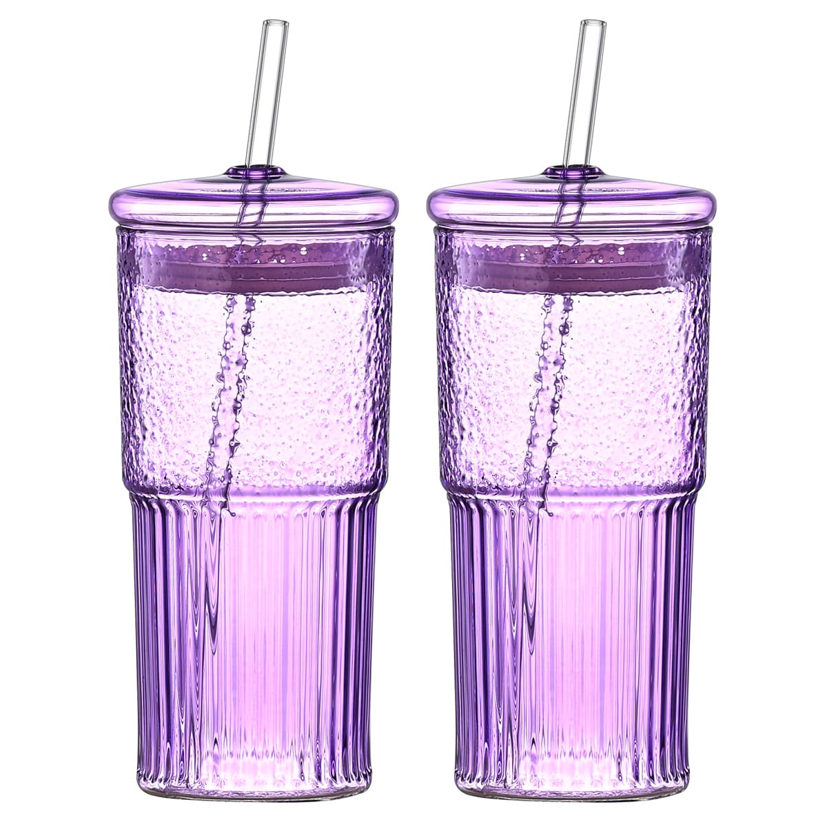 20 oz 2-pack purple glass straw cup with vertical pattern cup and lid, high borosilicate heat-resistant glass cup for juice, milk and cold drinks
