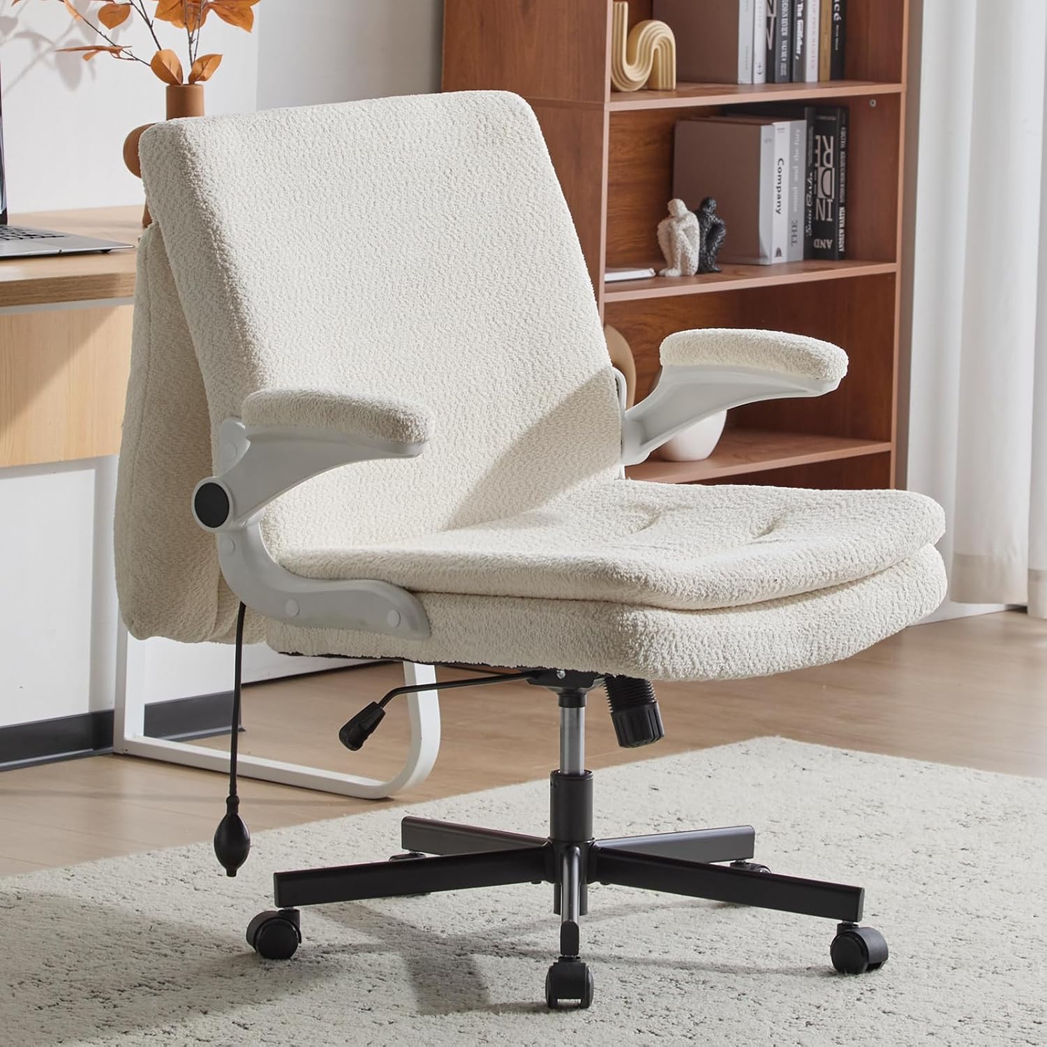 Criss Cross Legged Office Chair with Flip-Up Back Built-In Dynamic Airbag Lumbar Support, Wide Seat Desk Chair with Flip-Up Arms and Wheels, Modern Cr