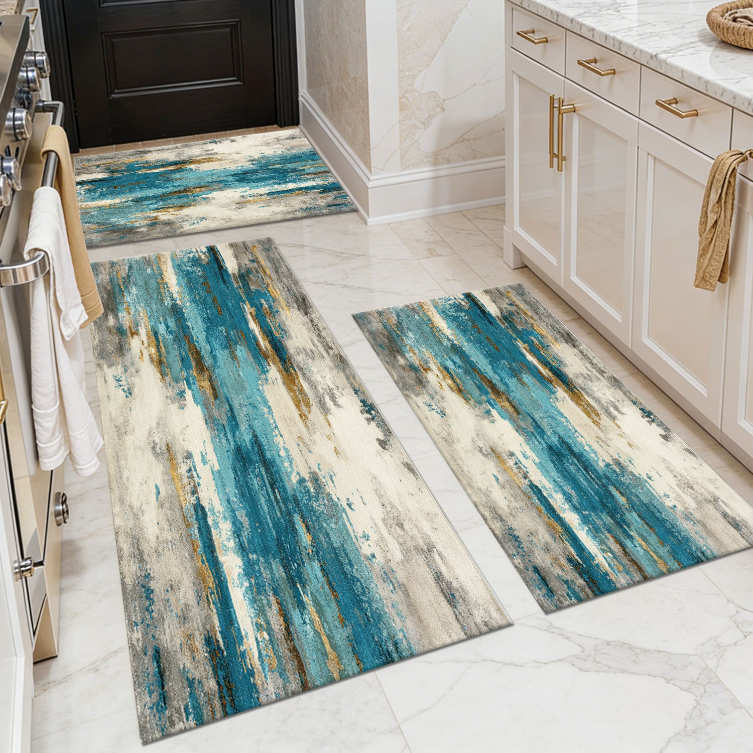 Three-piece kitchen rug set, non-slip and washable, abstract pattern kitchen hallway rug, soft and comfortable, suitable for sinks, floors, entrances,