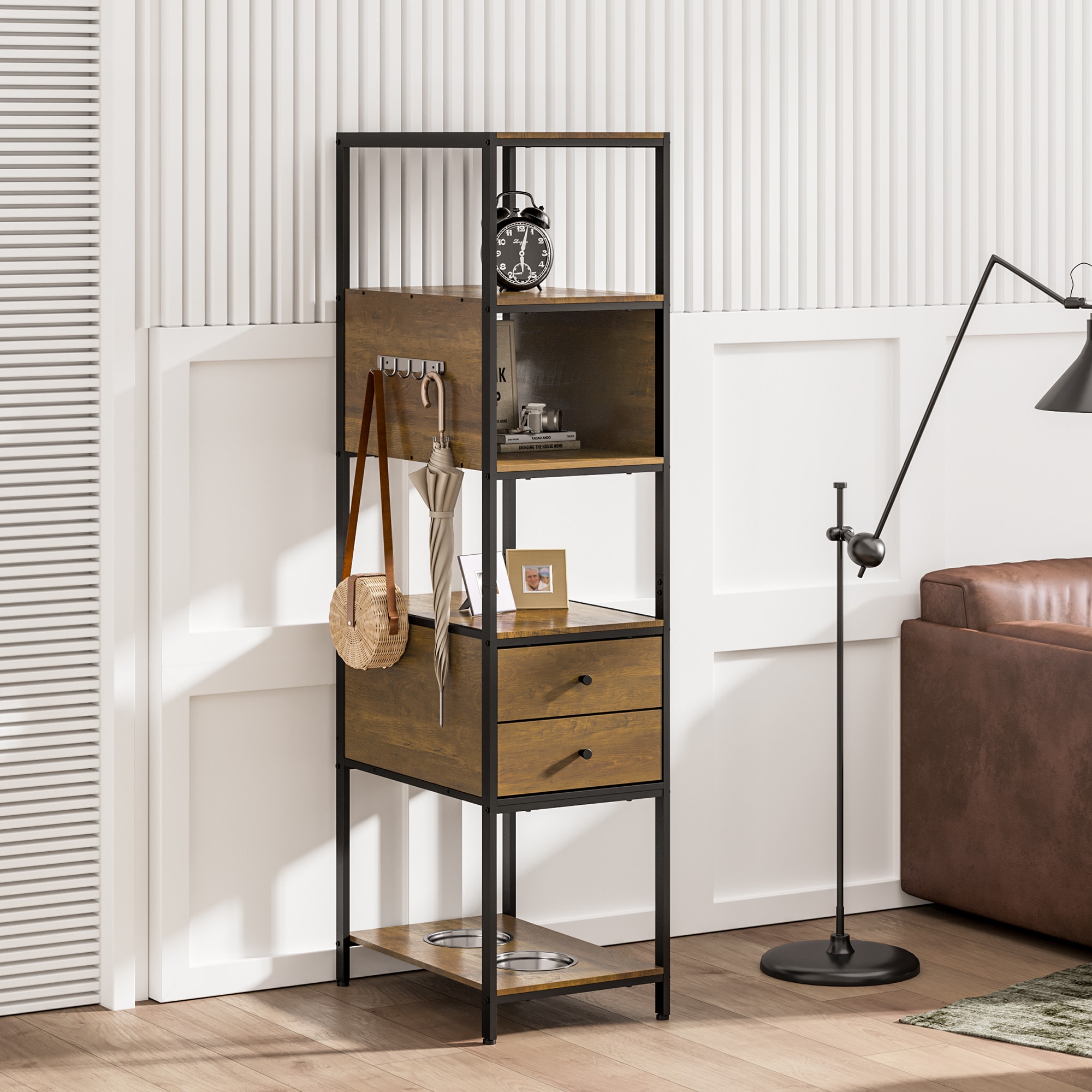 Industrial Bookshelf, Standing Display Shelf with 2 Dog Bowls, Metal and Wood Bookshelf, Dog Feeder Station with Shelves, Brown