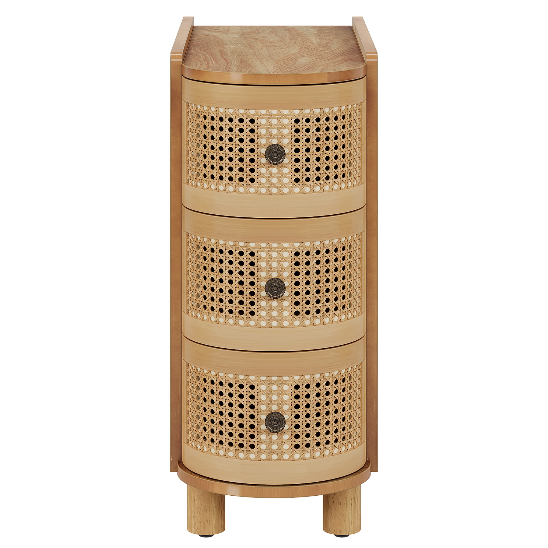 Wood End Table, 3-Drawer Side Table NightStand with 3 Rattan Drawers