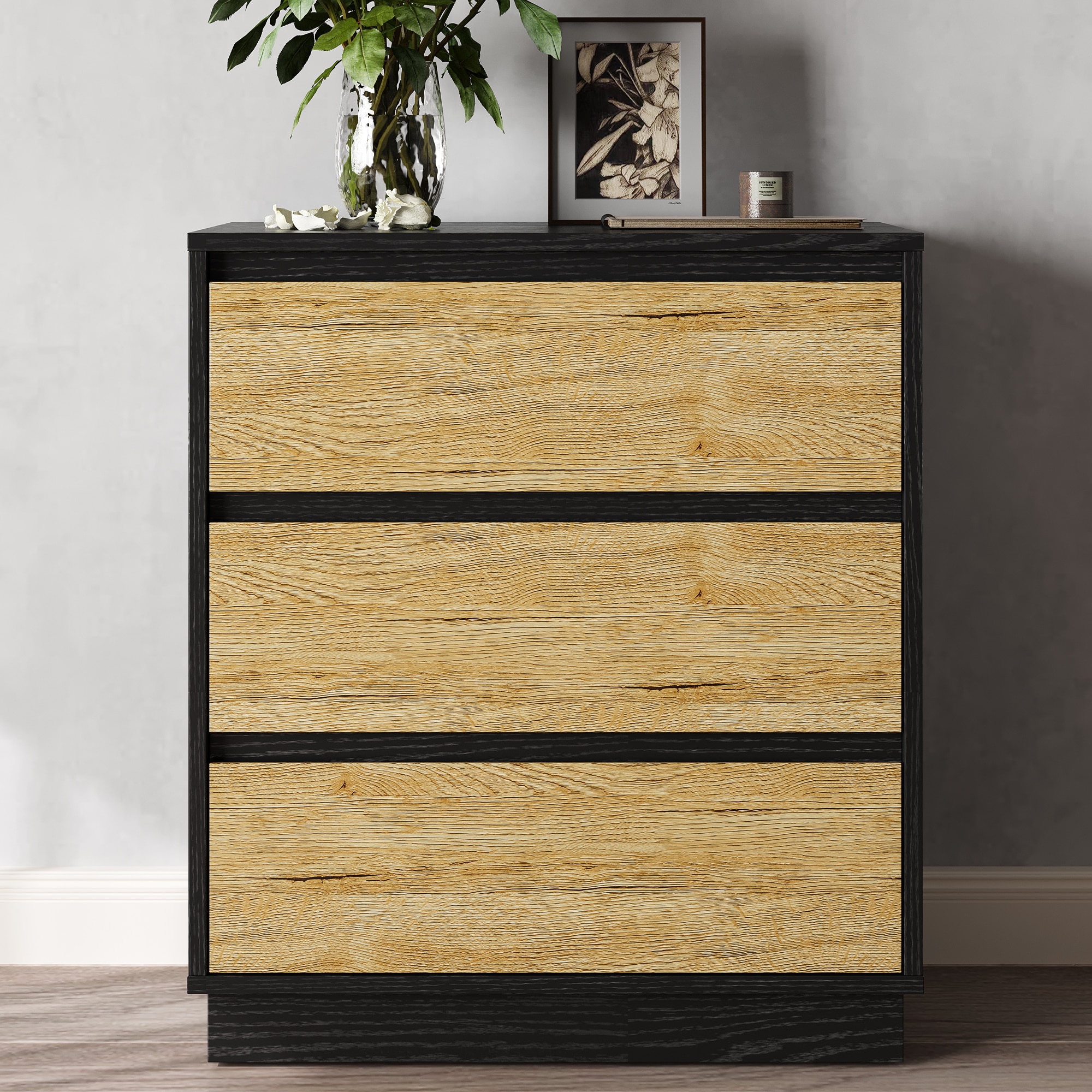 Wide Nightstand with 3 Drawers, Modern Chest of Drawers for Bedroom, Large End Table with Hidden Pull-out System, Wooden Dresser for Living Room, Clos