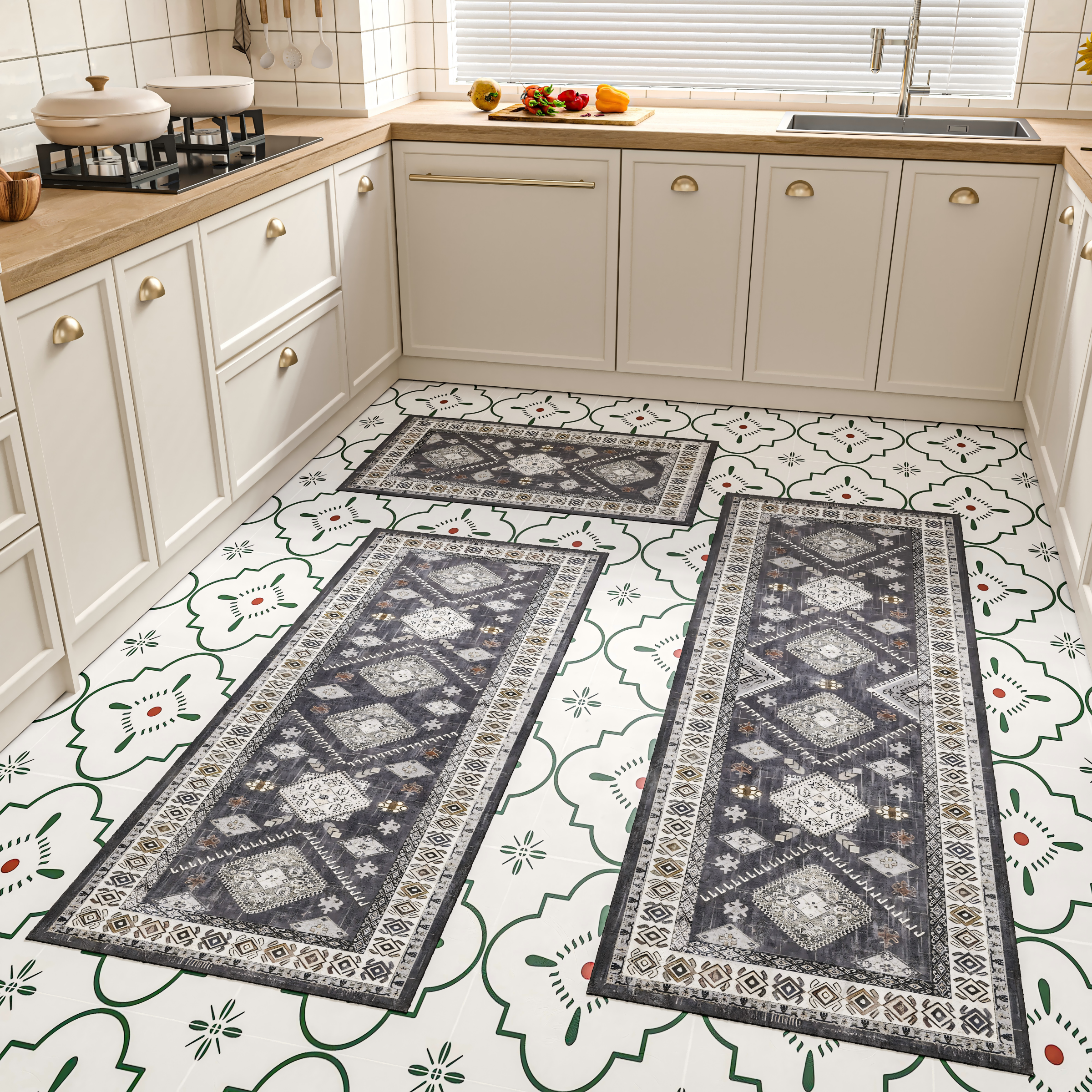 3 Piece Washable Kitchen Rugs Non-Slip, Boho Kitchen Mats Set for Floor, Foldable, Thickened, and Plush Soft, Easy to Clean