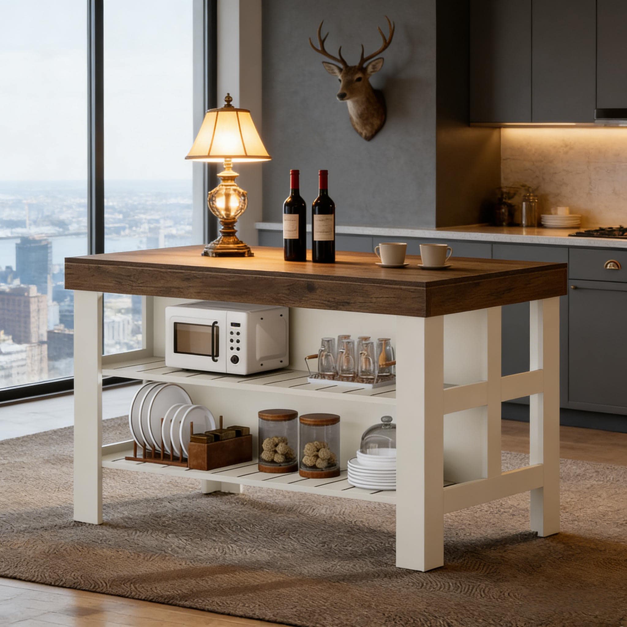 Kitchen Island, Breakfast Counter with Seating and Storage Shelves