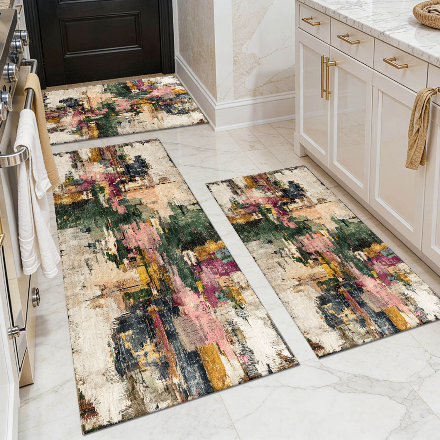 Three-piece kitchen rug set, non-slip and washable, abstract pattern kitchen hallway rug, soft and comfortable, suitable for sinks, floors, entrances,
