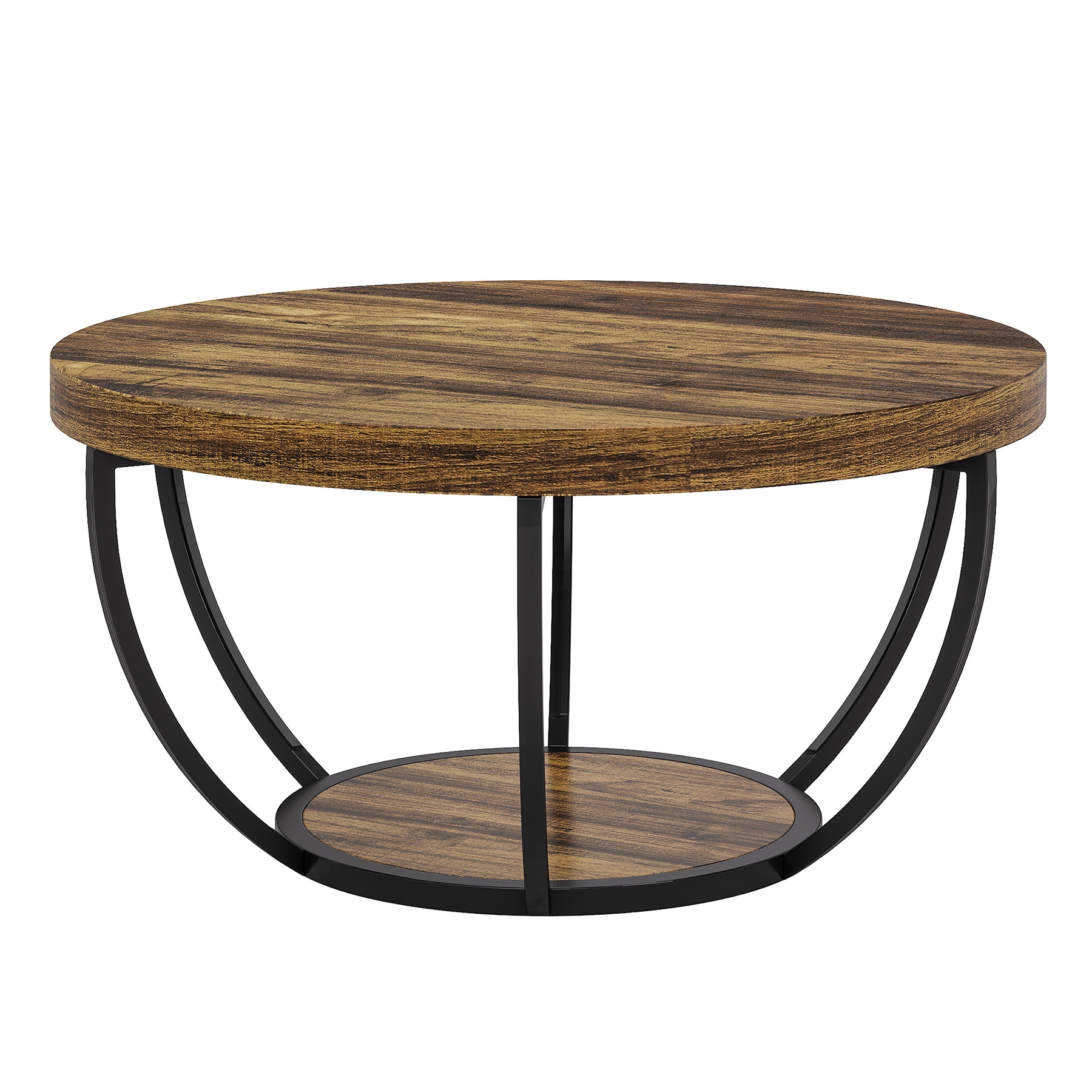 Wooden Coffee Table, 2-Tier Round Central Cocktail Table with Shelvesg