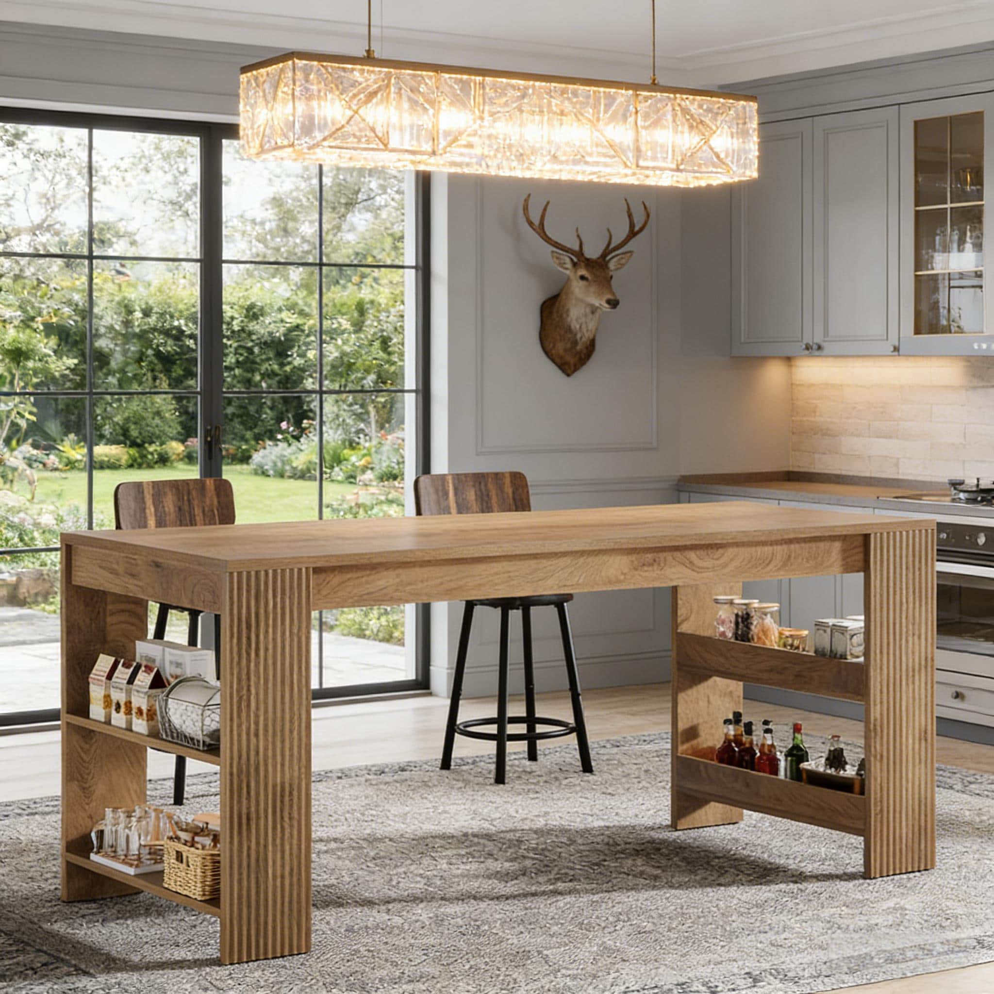 Kitchen Island, Large Home Bar Table with Double-Sided Storage Shelves