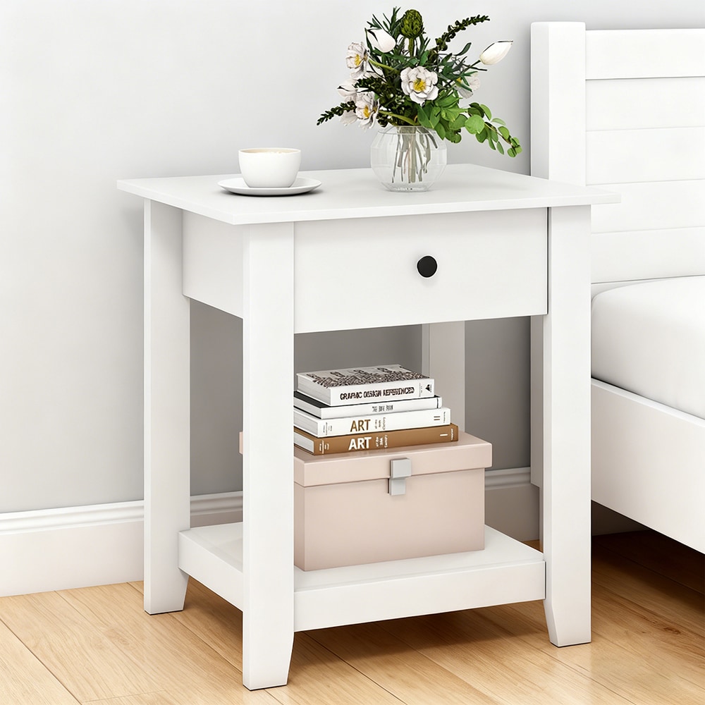 Nightstand with Drawer 3-Tier Modern Bedside Table with Open Shelf and Storage