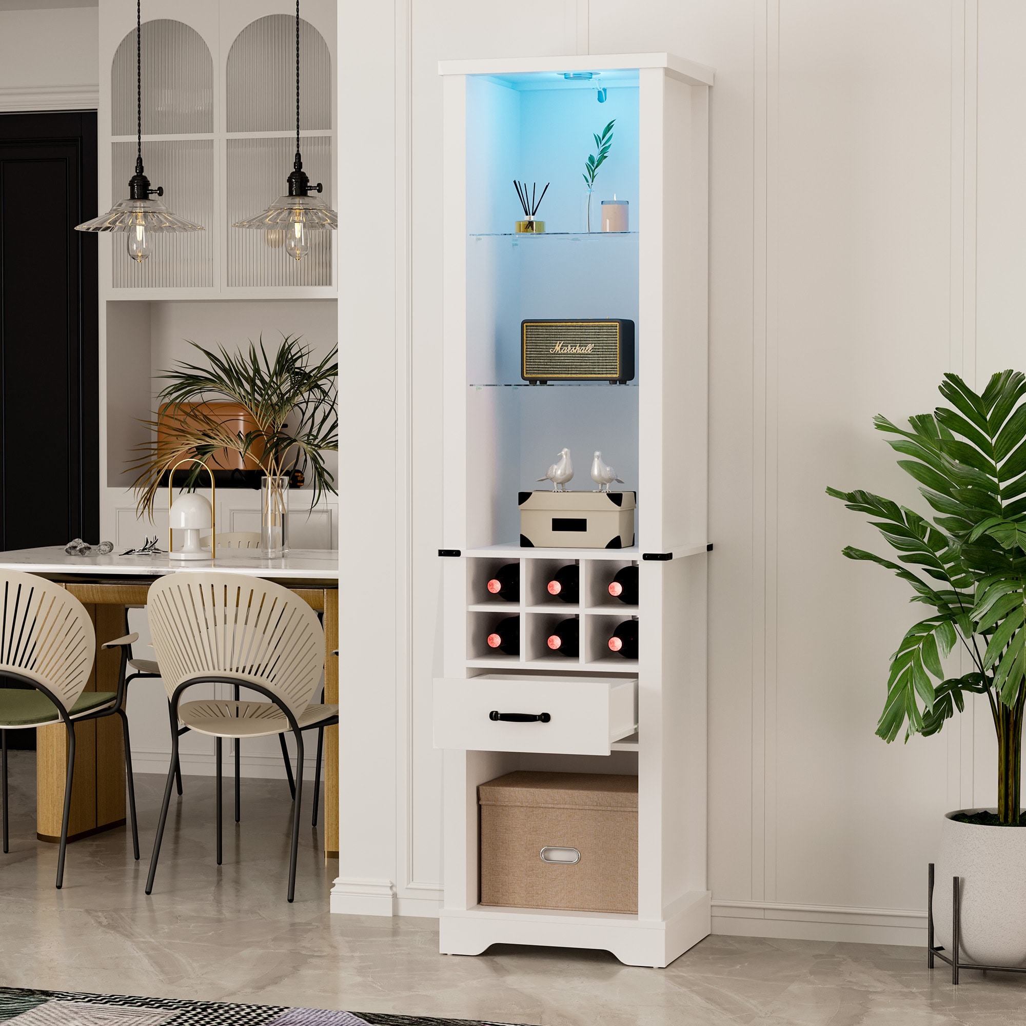 75'' Tall Storage Cabinet with LED Light, Farmhouse Pantry Cabinet with Tempered Glass Adjustable Shelves & Wine Storage Rack, Freestanding Linen Towe